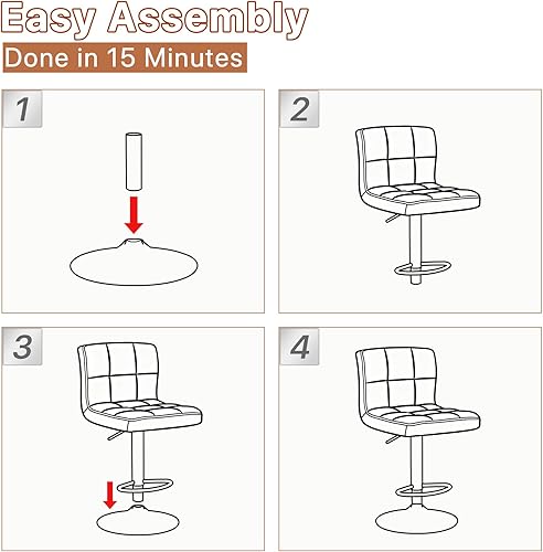 Miniatura 9 de Magshion Juego de 2 taburetes de bar, modernos taburetes de bar giratorios de piel sintética con respaldo, sillas de bar cuadradas ajustables sin