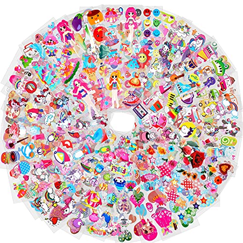HOWAF 1000+ 3D Autocollants pour Enfant Filles, 50 Feuille 3D Gonflé Stickers pour Enfant Fille DIY Scrapbooking Artisanat, Arc-en-Ciel Licorne Cœur Star Princesse Animal Papillon Fleur Autocollants