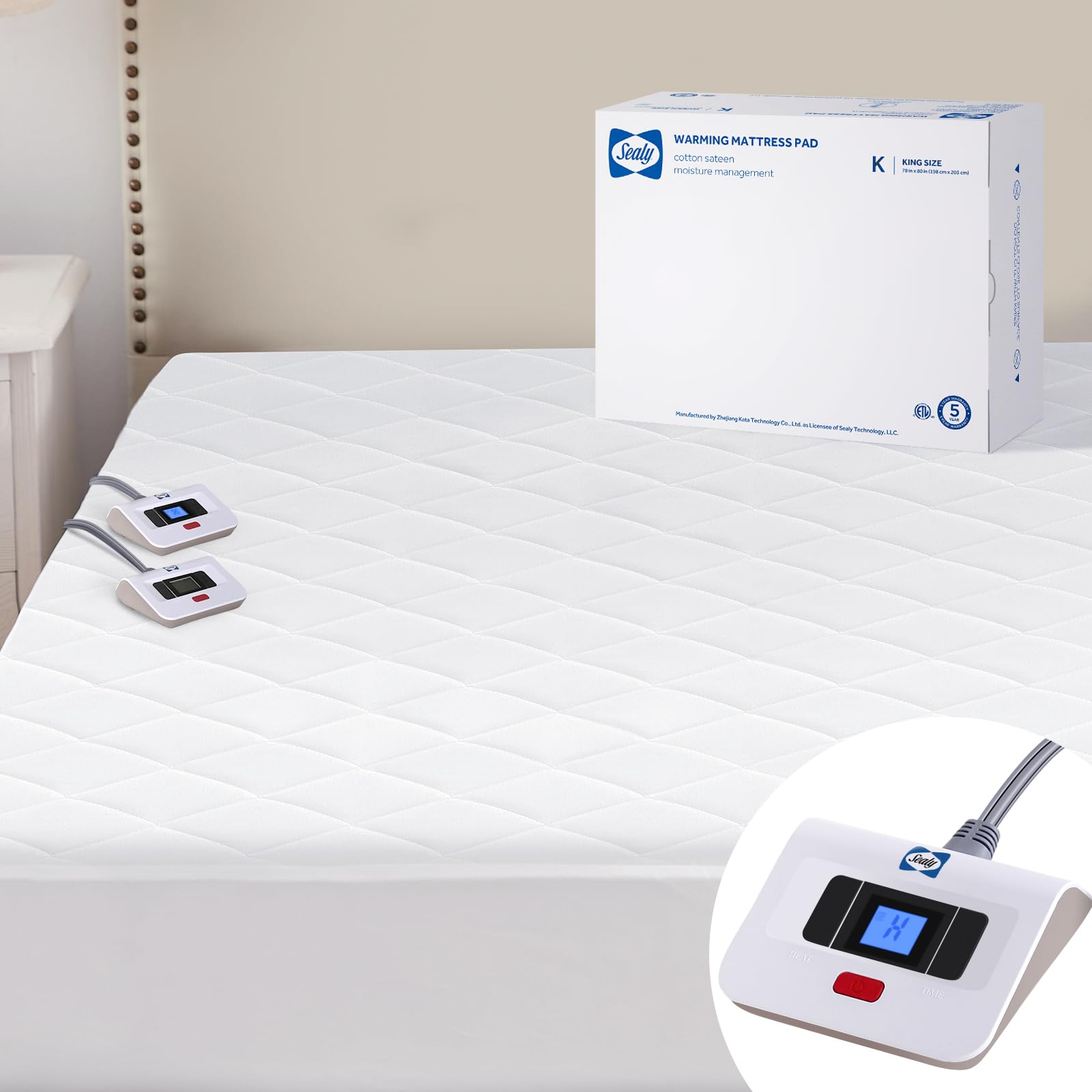 Sealy 3M Scotchgard Heated Mattress Pad, King Size, on a bed.