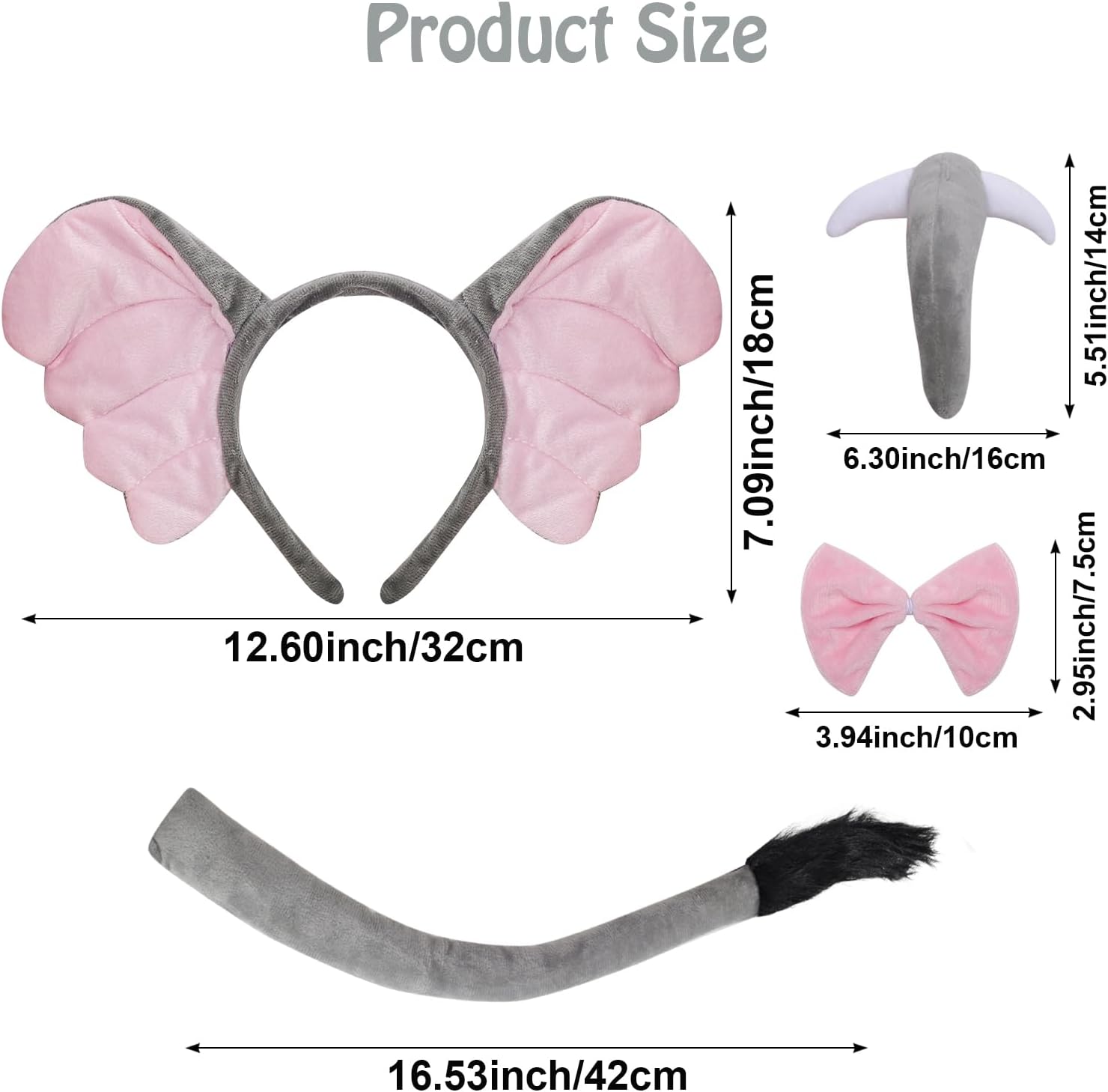Heliltd 5pcs Elephant Costume Set for Adult Elephant Ears Headband Tail Grey Tutus Skirt Bow Tie Nose Animal Costume Accessories Set for Halloween Cosplay Dress Up Party - Image 2