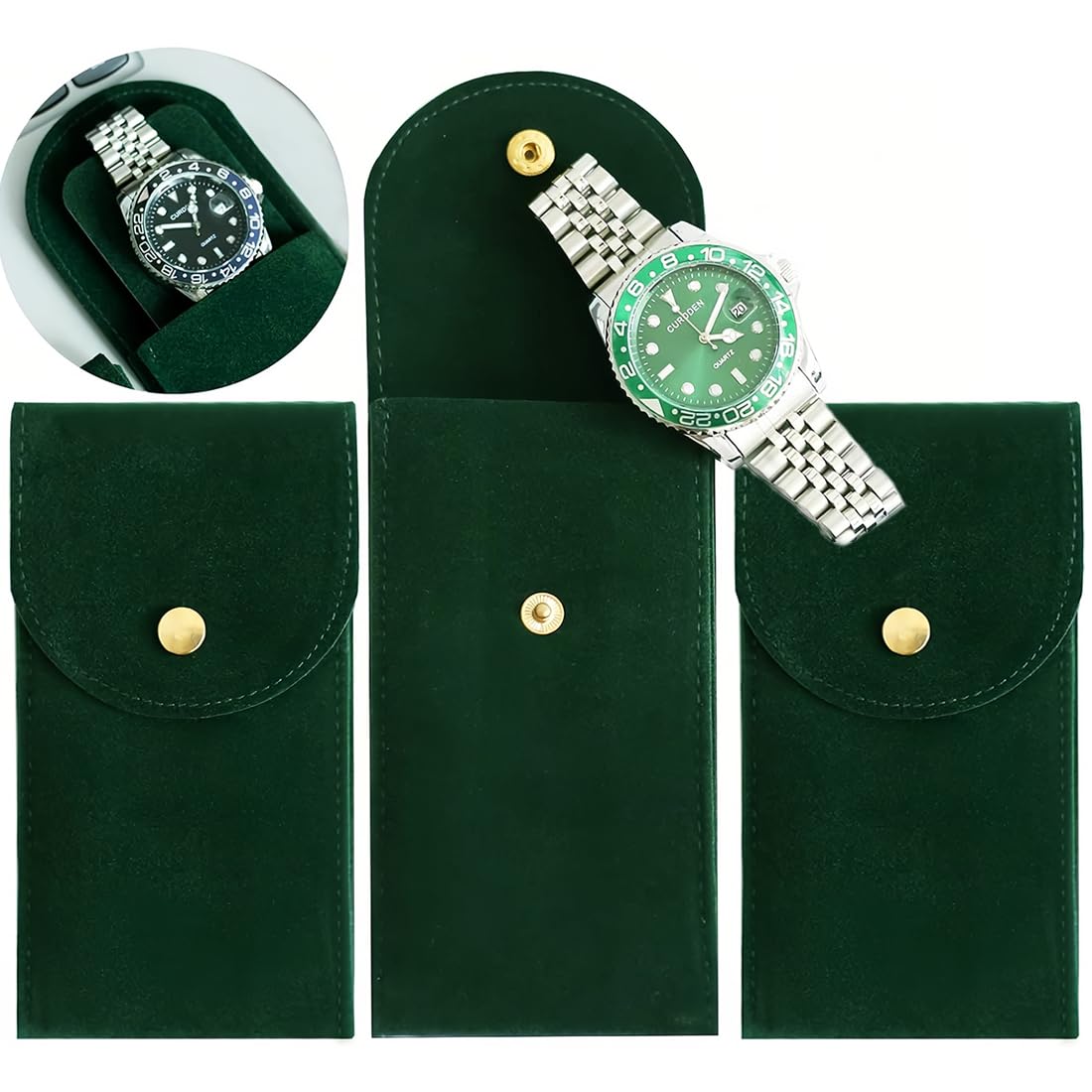 Horloge Bescherming ZKGYUS 3 Stuks Horlogehouders Voor Heren, Horlogeopslag, Tas Met Drukknop, Voor Reizen, Robuust Voor Sieraden Voor Reizen In De Open Lucht (donkergroen O Bag Horloge
