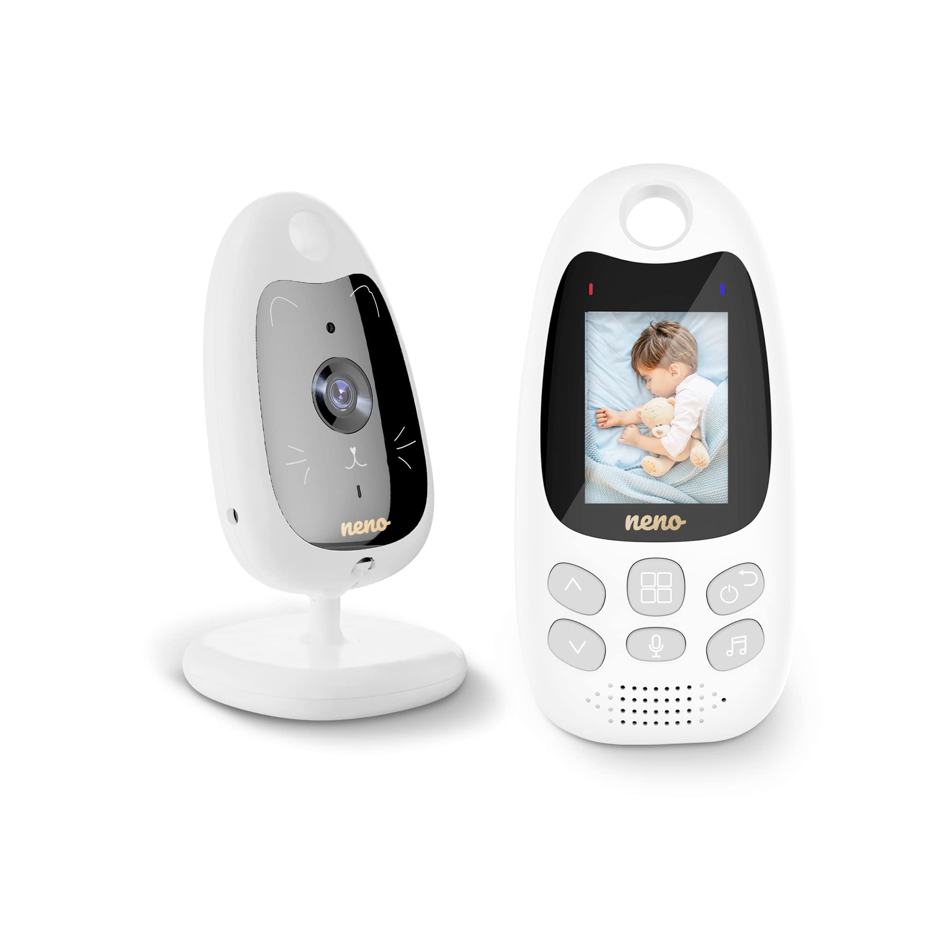 Neno Gato 2 Baby Monitor con fotocamera da 2 pollici, audio a 2 vie, visione notturna, 8 ninne, sensore di temperatura