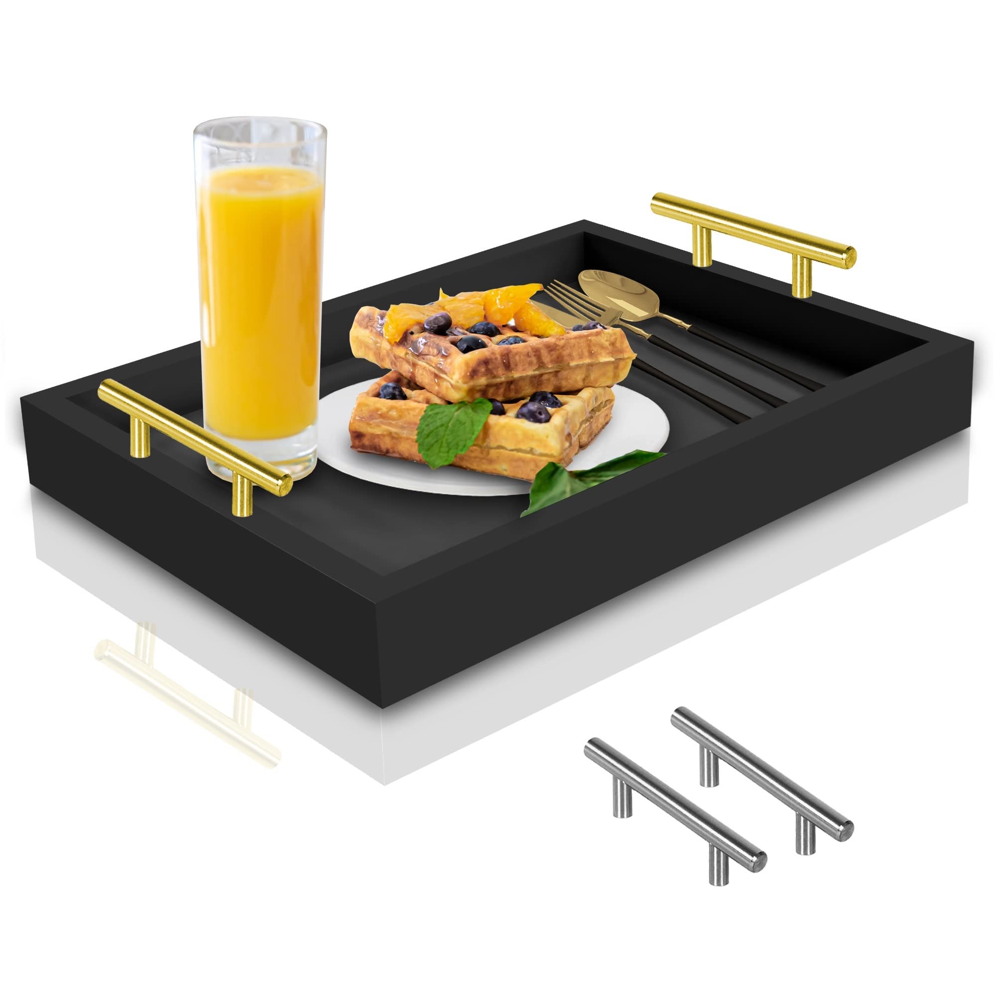 Coffee Table Tray - with Gold and Silver Metal Handles for Serving, Home Decor, Bathroom, Ottoman Design, Wooden Tray 16x12in (Black)