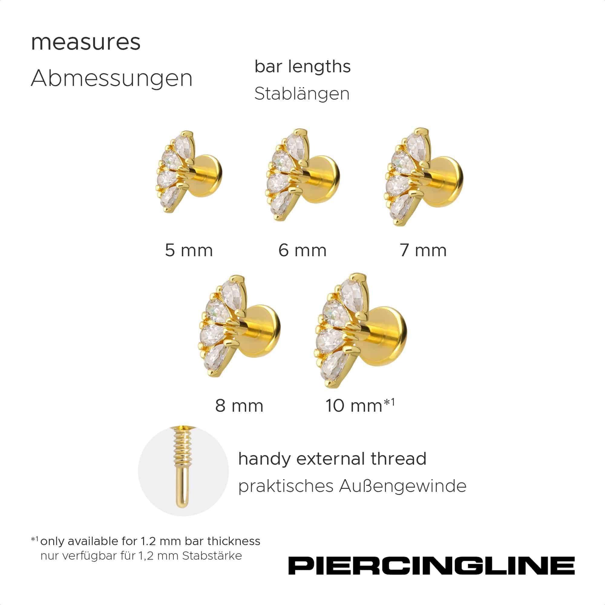 PIERCINGLINE Piercing Stecker Titan Labret mit Innengewinde + 925er Silber Aufsatz MOISSANIT-BOGEN - Goldfarben, Silberfarben