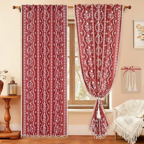 Image of Yinhua Boho Curtains for Living Room 84 Inch Length Vintage Linen Red Curtains for Bedroom Light Filtering Floral Window Curtain Rod Pocket & Back Tabs Farmhouse Rustic Tassel Drapes with Tiebacks