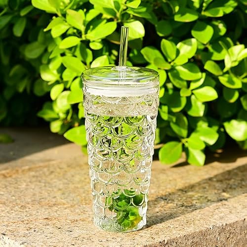 ēmar Embossed Mermaid-Colored High Borosilicate Glass Cup with Fish Scale Design – Includes Lid and Straw, Ideal for Tea, Water, or Coffee (Clear)