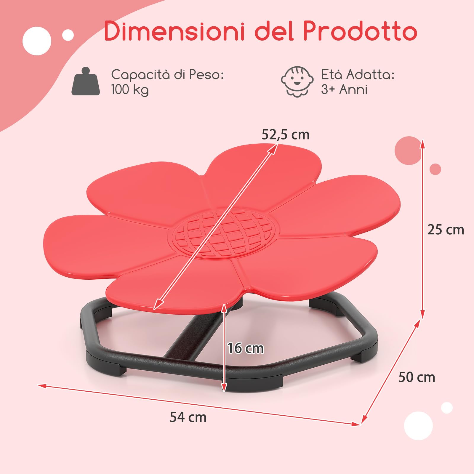 COSTWAY Sedia Girevole a 360° per Bambini, Sedia Sensoriale con Base in Metallo Antiscivolo per Allenare la Coordinazione Fisica e l'Equilibrio, Giocattolo per Cameretta (Rosso,Fiore)