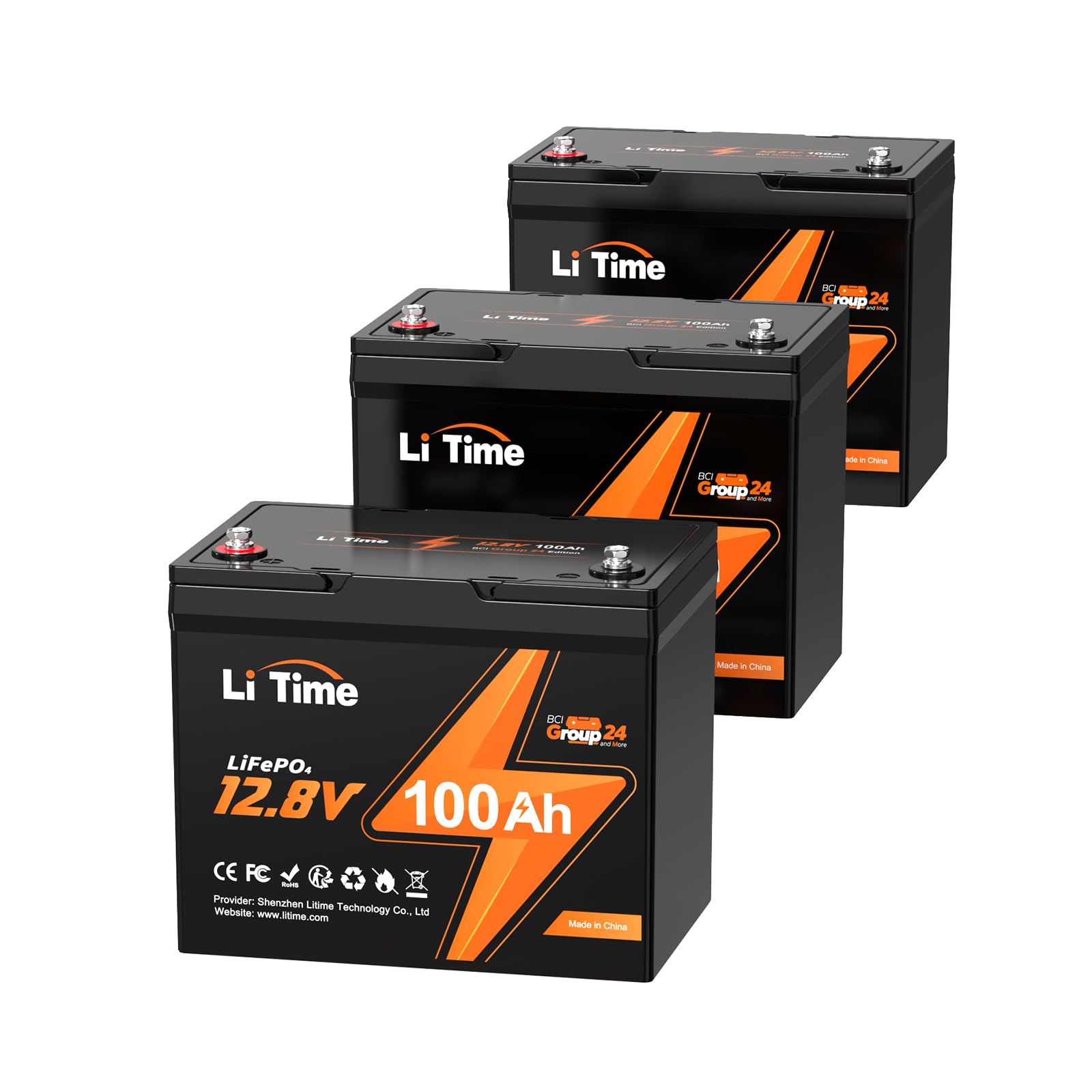 LiTime 3 Pack 12V 100Ah RV Lithium Battery,Group 24 Rechargeable LiFePO4 Battery with Up to 15000 Cycles, 1.28kWh and Higher Energy Density, Perfect for Trolling Motors, Boat, Marine, Solar etc.