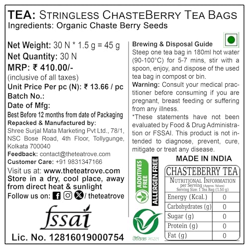 Image of The Tea Trove Chasteberry Tea Bags - 30 Eco-Friendly Chasteberry Seeds Bag In Resealable Pouch - Caffeine Free Chaste tree berry | Pack Of 1, 45 Gram