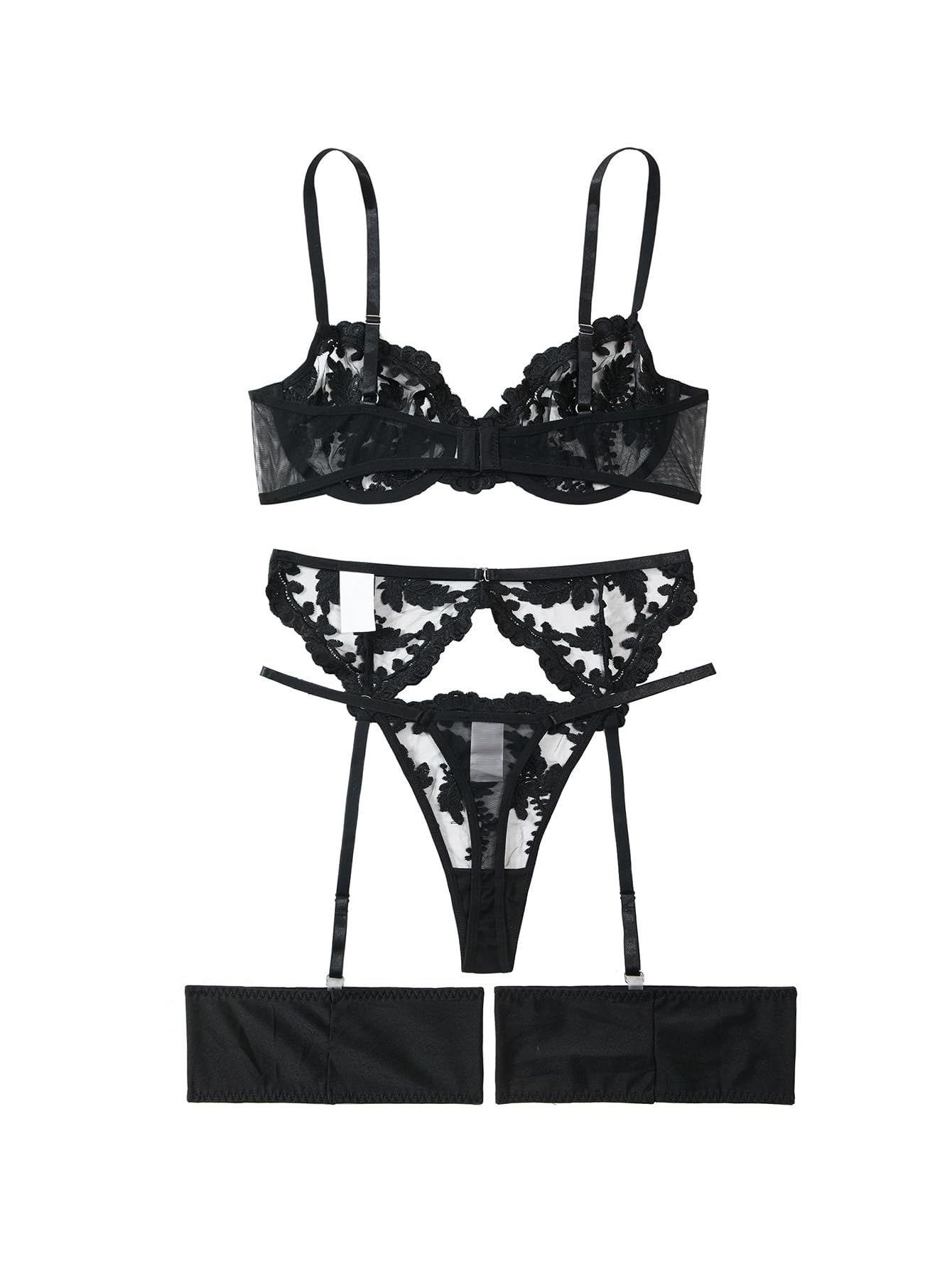 Lilosy Sexy Leaf Floral Embroidered Mesh Sheer Women Underwire Push Up Lingerie Set: Large Pattern Black