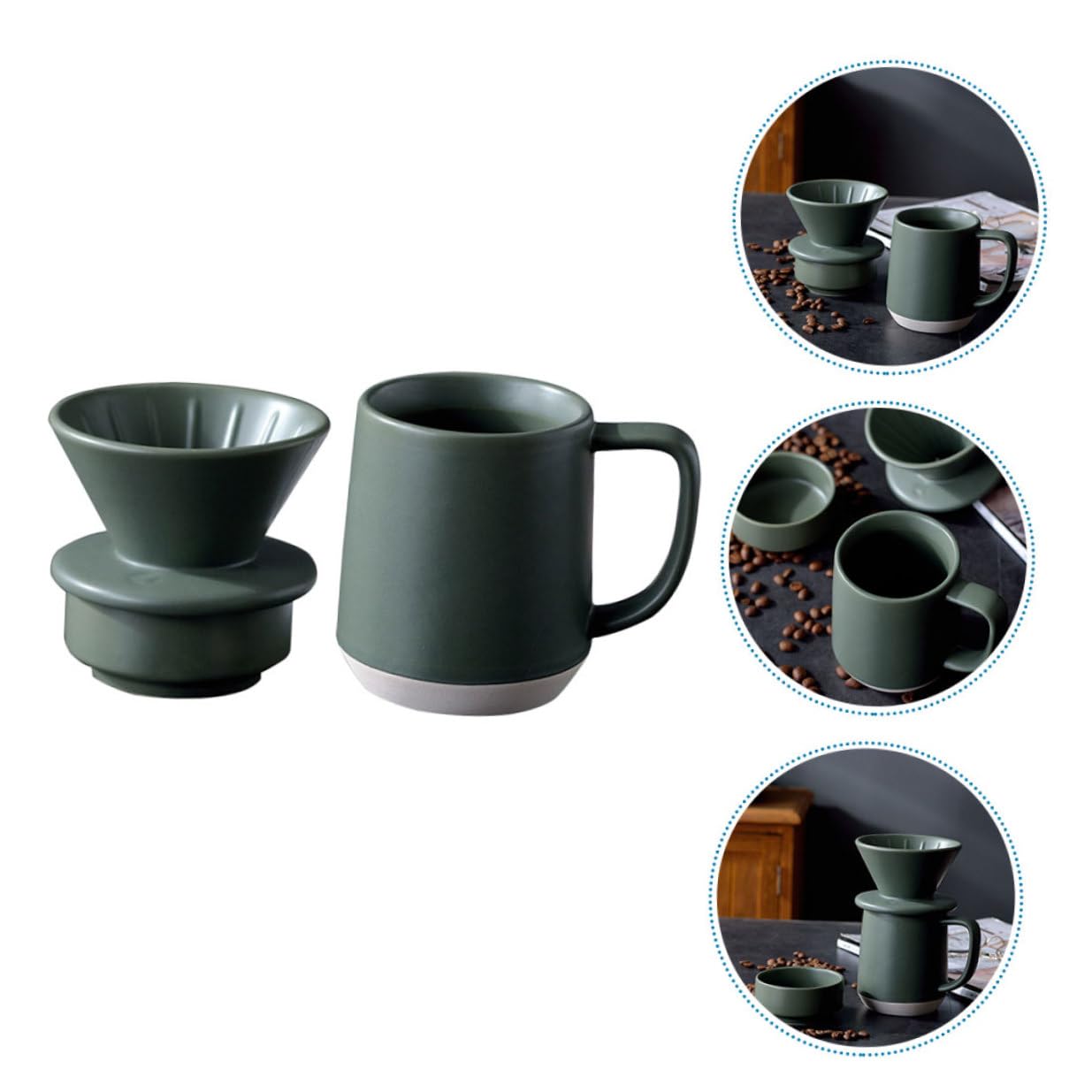 KOMBIUDA Tragbarer Keramik Kaffeefilterbecher mit Henkel und Feiner Filterfunktion Grüner Heimfilterbecher mit Einfachem Design für Zuhause