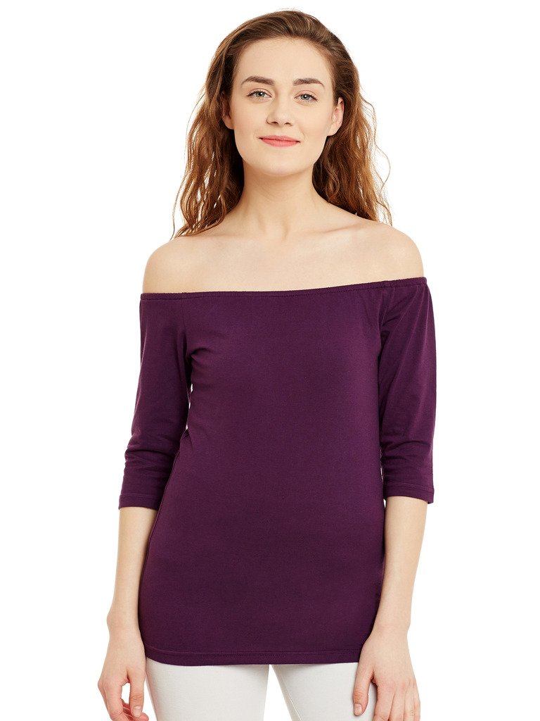 hypernation Purple Color Off Shoulder Cotton Top for Women-picture-36