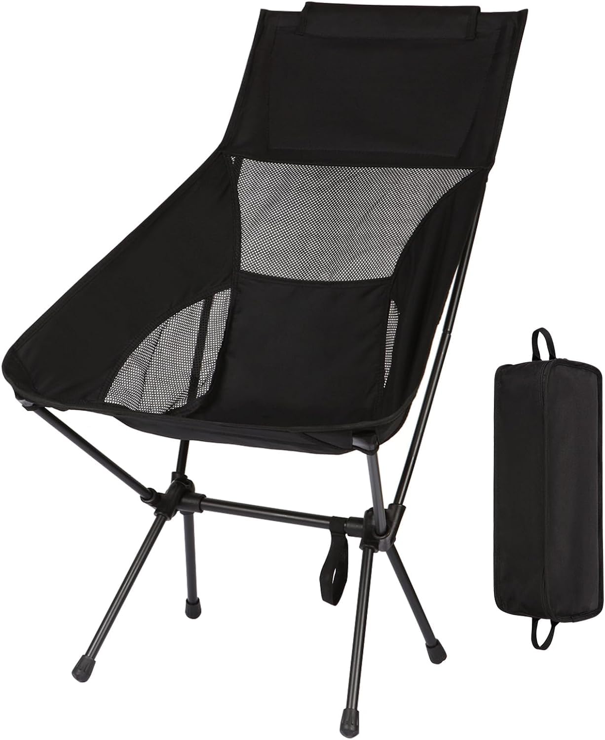 HcosmyHigh Back Camping Chair for Adults Heavy Duty, Outdoor Picnic Foldable Chair with Carry Bag, Portable Folding Chairs with Breathable Mesh and Headrest for Hiking BBQ Travel Beach (Black)