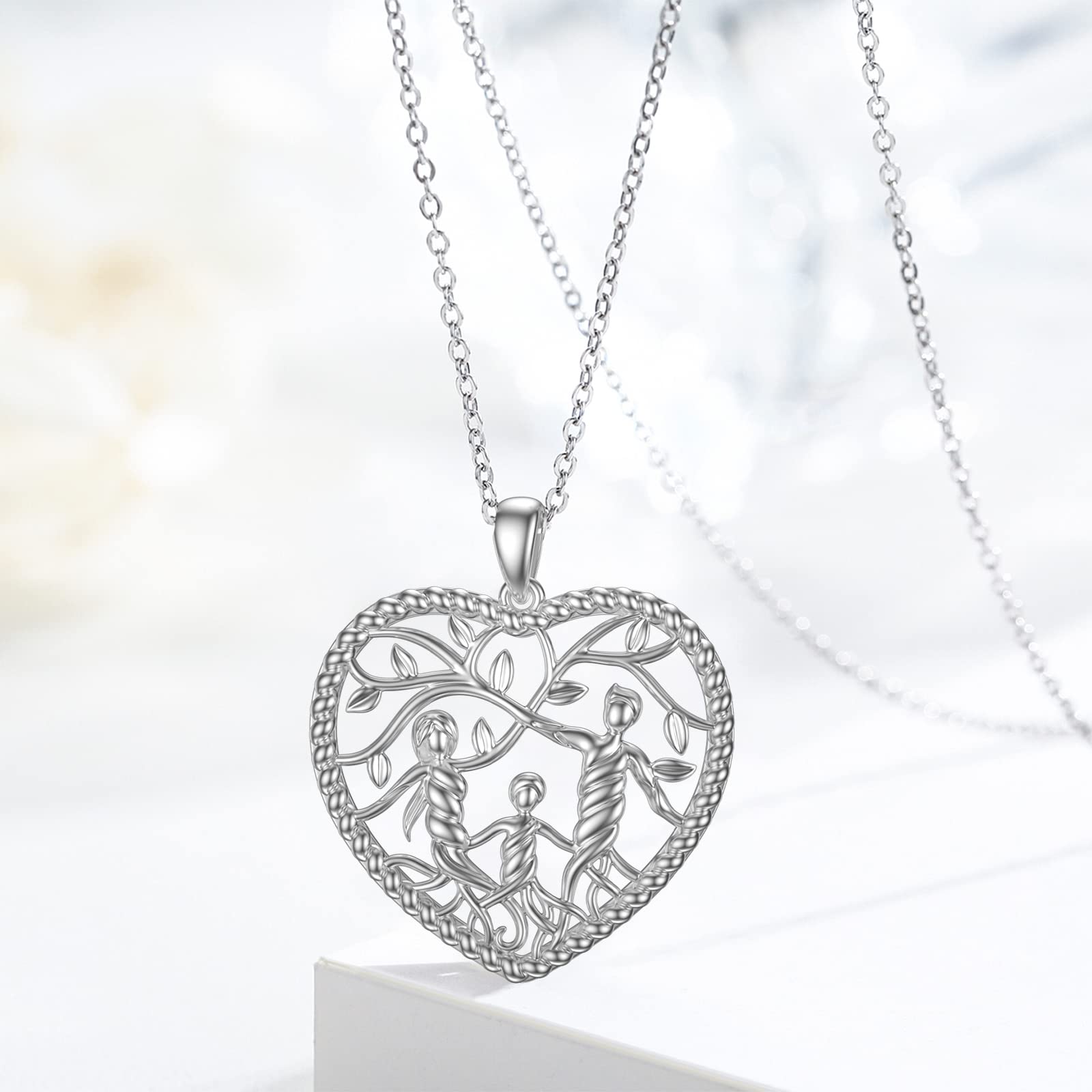 Damen Baum des Lebens Halskette 925 Sterling Silber Mutter Tochter/Sohn Lebensbaum Familie Herz Anhänger Schmuck Geschenke für Mama