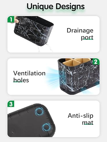 Miniatura 4 de Soportes para cepillos de dientes de mármol, 5 ranuras para cepillos de dientes y pasta de dientes de bambú para encimera de baño con drenaje,