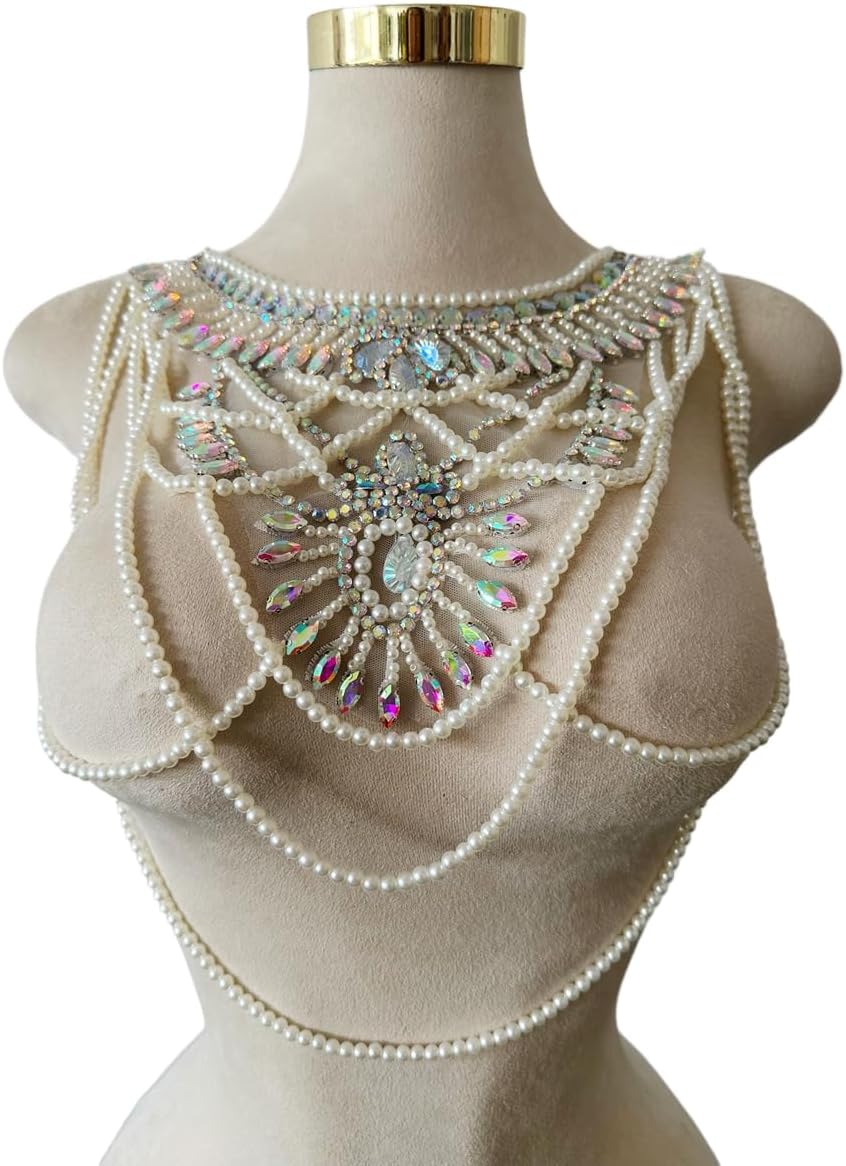 Beaded Rhinestones Applique Embellishment for Clothes Chest Patches Sew-on Diamond Sequin Tassel Decoration Applique for Wedding Dress DIY Accessories (Clear AB)