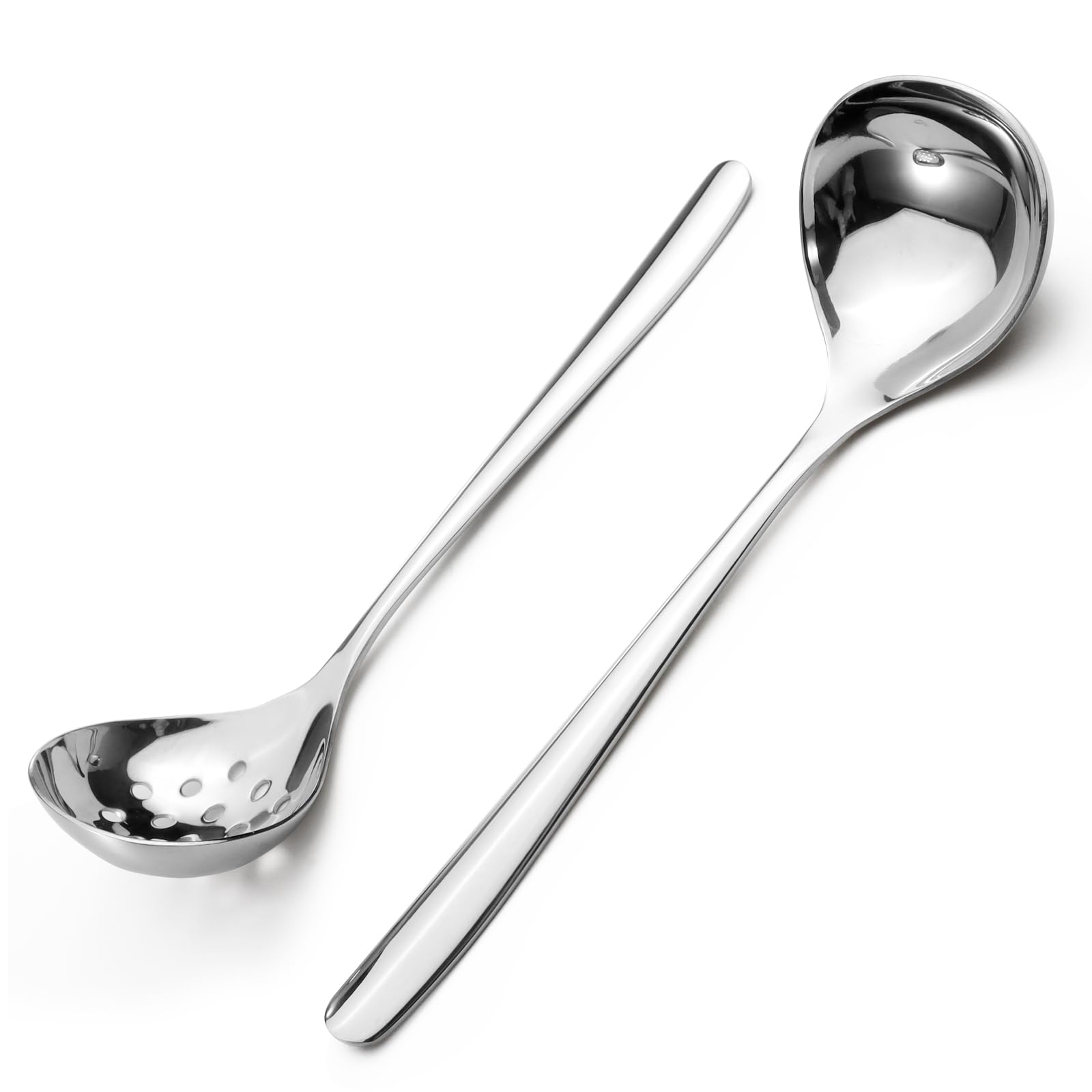 Realand 2Pcs Small Ladle and Slotted Spoon, Heavy Duty 304 Stainless Steel Mini Soup Ladles and Skimmer Strainer, Silver
