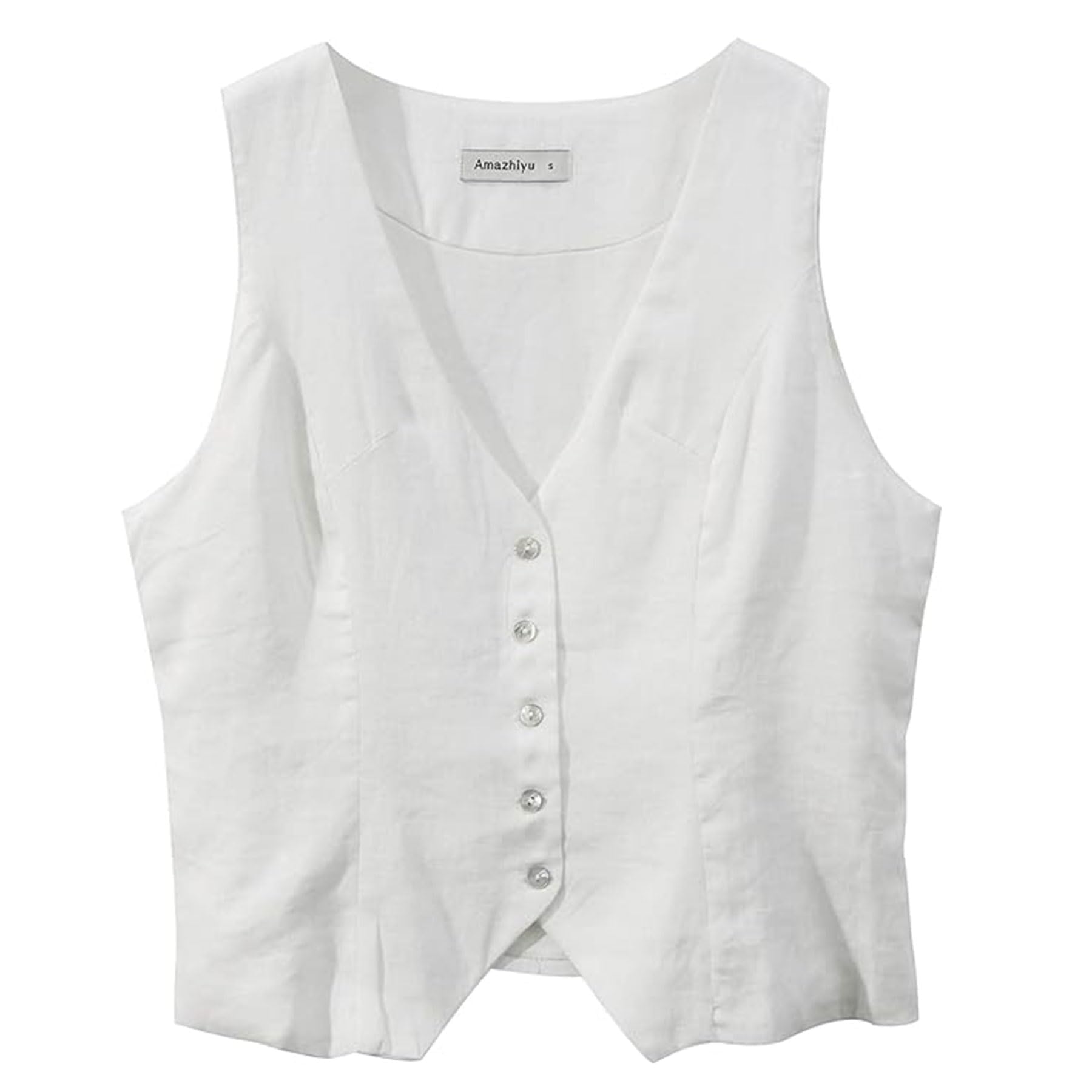 Amazhiyu Gilet da donna in lino, senza maniche, con scollo a V, corto, con bottoni, vestibilità aderente, cinghie regolabili