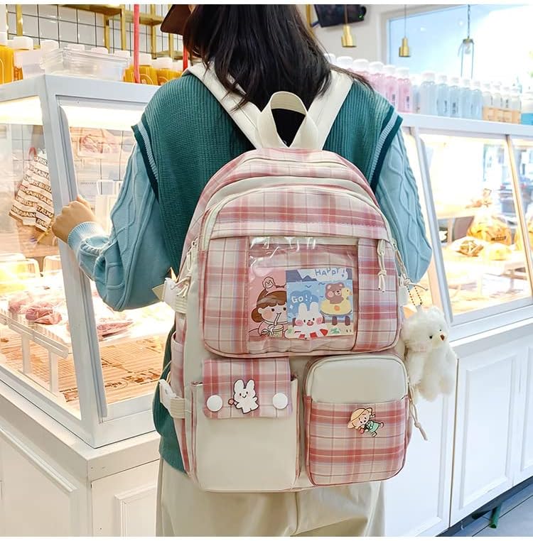 Miniatura 3 de Juego de 5 mochilas kawaii con pines Kawaii y accesorios, mochila estética para mujer, bonita mochila para laptop, Rosado, Tamaño único, Mochila,