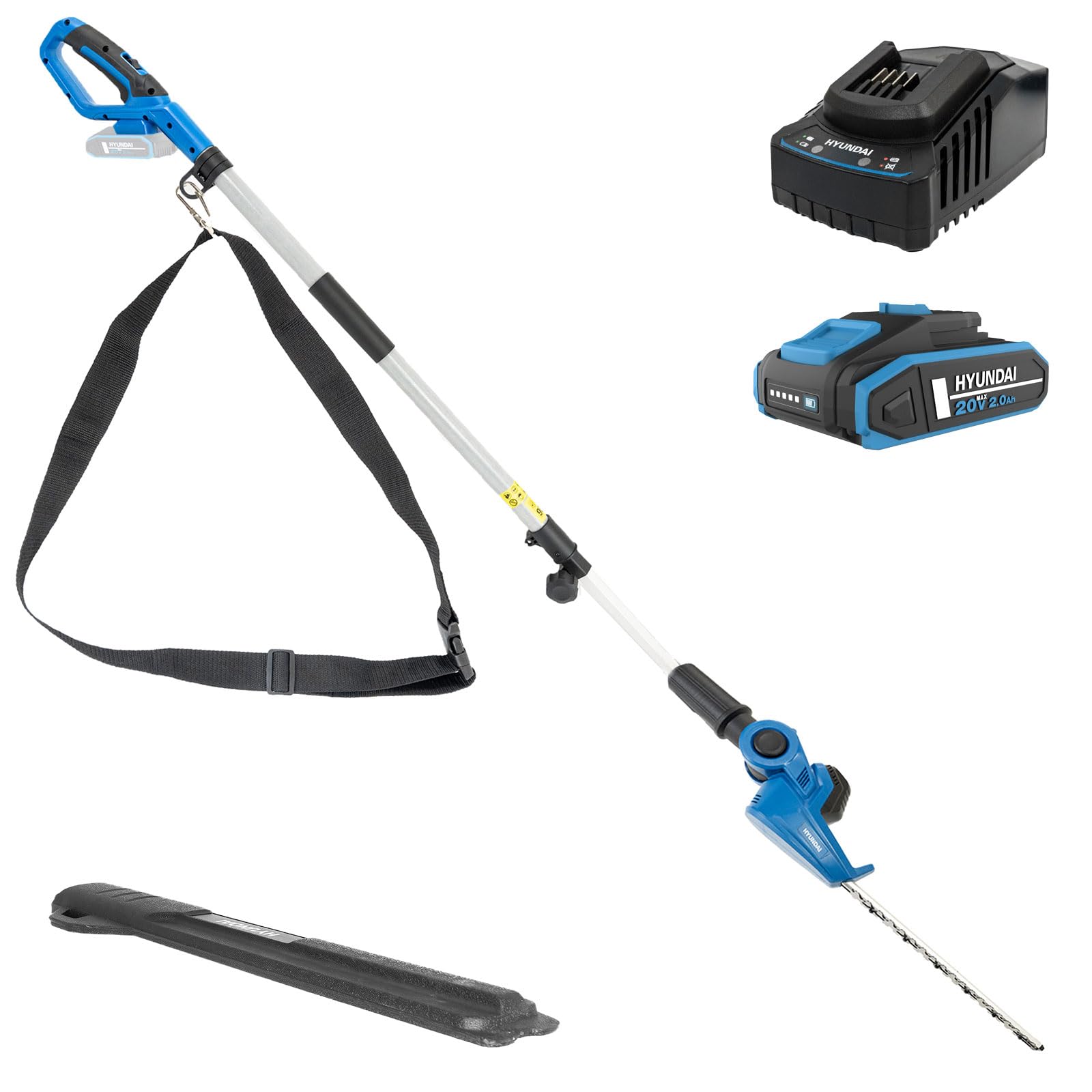 Hyundai Taille-haie sans Fil à Longue portée 20 V - Lame Double Action de 450 mm, Perche télescopique de 2,6 m (portée de 3,6 m), tête pivotante à 5 Positions, Batterie et Chargeur Inclus