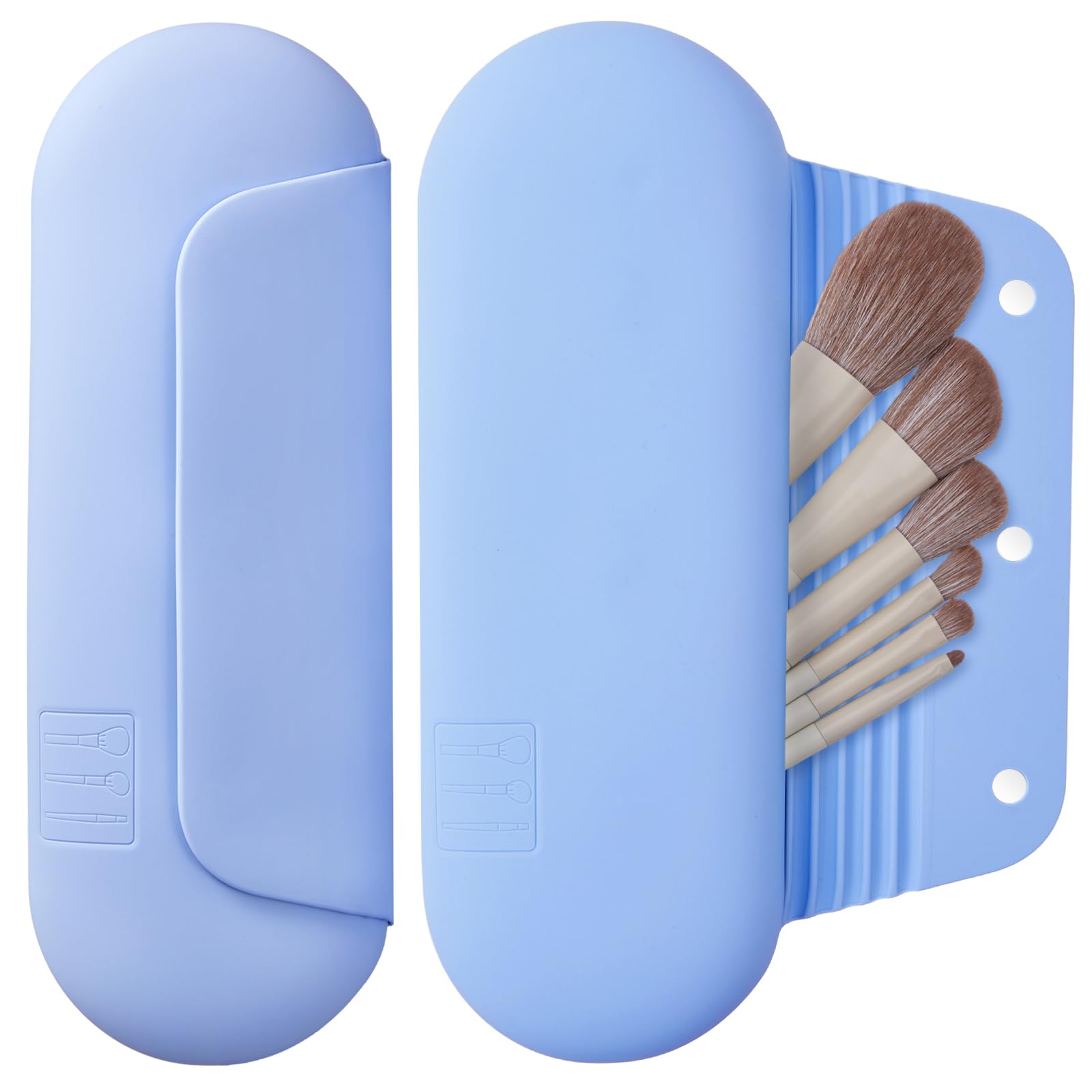 Silicone Makeup Brush Holder Travel Cosmetic Bag:Soft Portable Cosmetic Face Brushes Holder with Upgrade Anti-Fall Out Magnetic Closure, Large Travel Makeup Brush Case - Blue