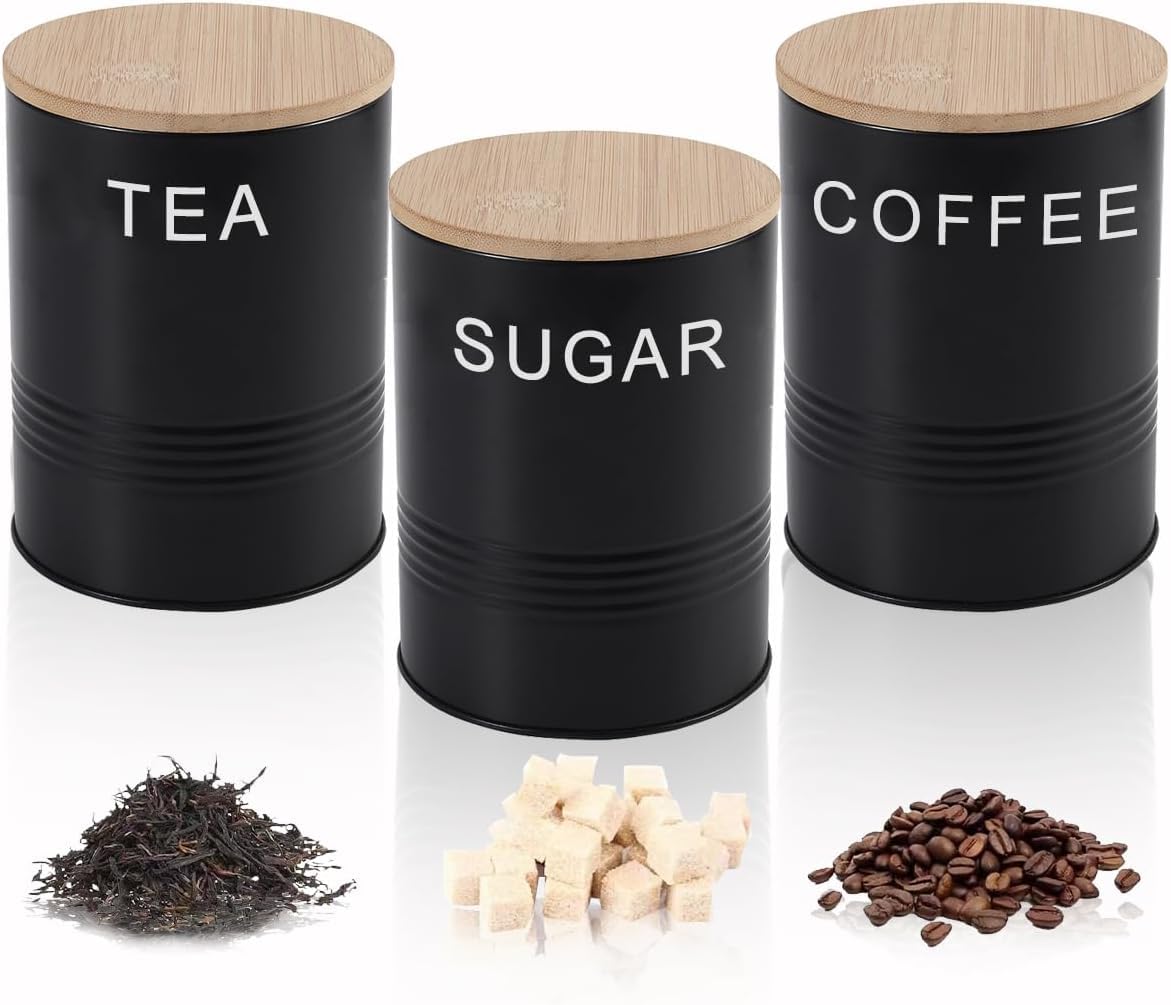 AYSUM Tea Coffee & Sugar Canisters Set of 3, Kitchen Storage Tins Storage Jar Container Set With Airtight Bamboo Lid, Black - Round Jars