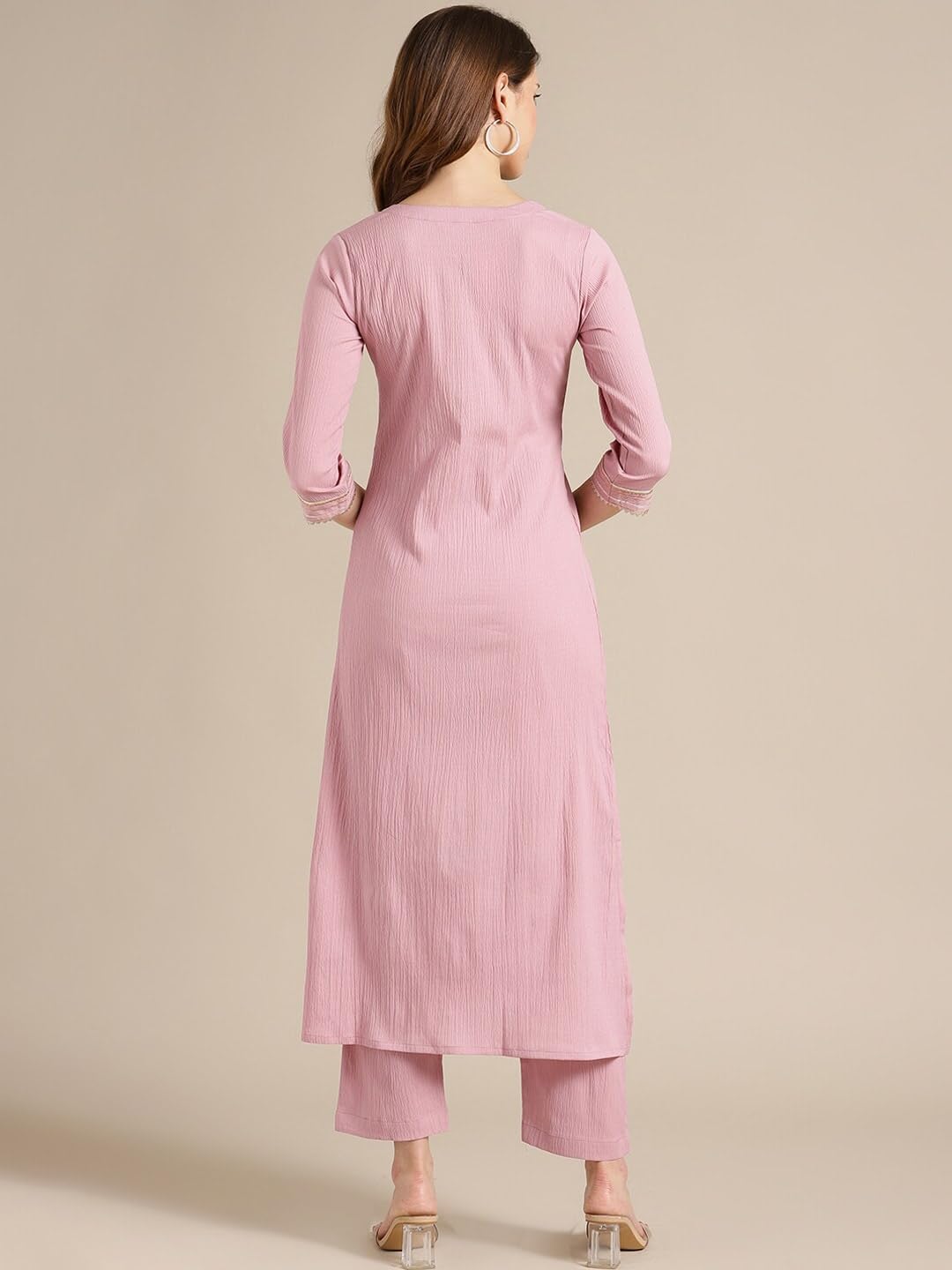 Varanga Womens Mauve Straight Kurta With Gota Lace, Round Neckline, Side Slits, Straight Hemline - Casual Wear