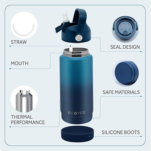 Miniatura 3 de Botellas de agua de 32 onzas, botella de agua aislada con popote, botella de agua metálica reutilizable de acero inoxidable, funda de silicona, asa