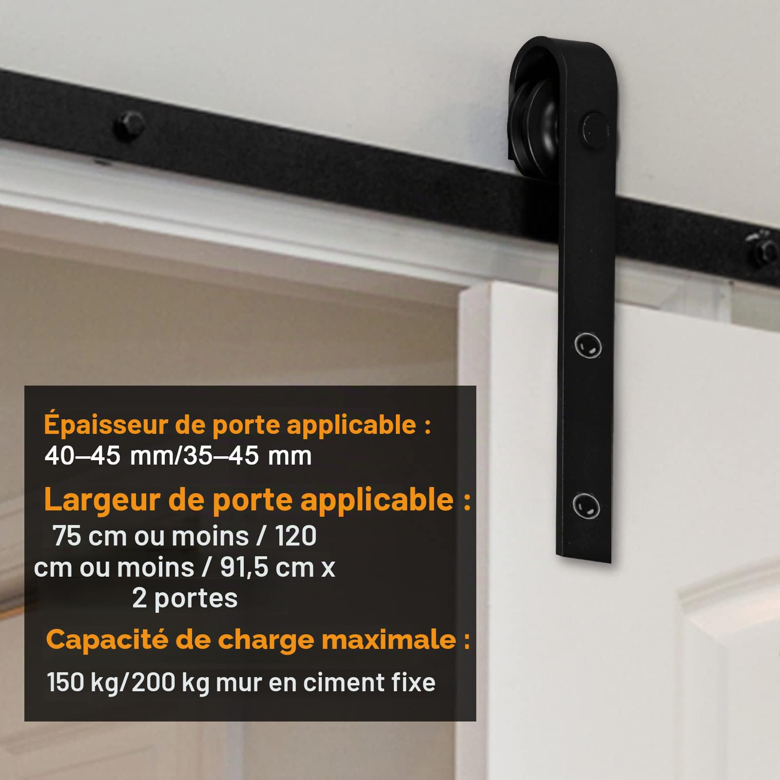 Ensemble de ferrures pour porte coulissante, système de porte coulissante, accessoire pour porte coulissante en bois, set avec roulettes et rail pour accessoire de porte coulissante, acier au