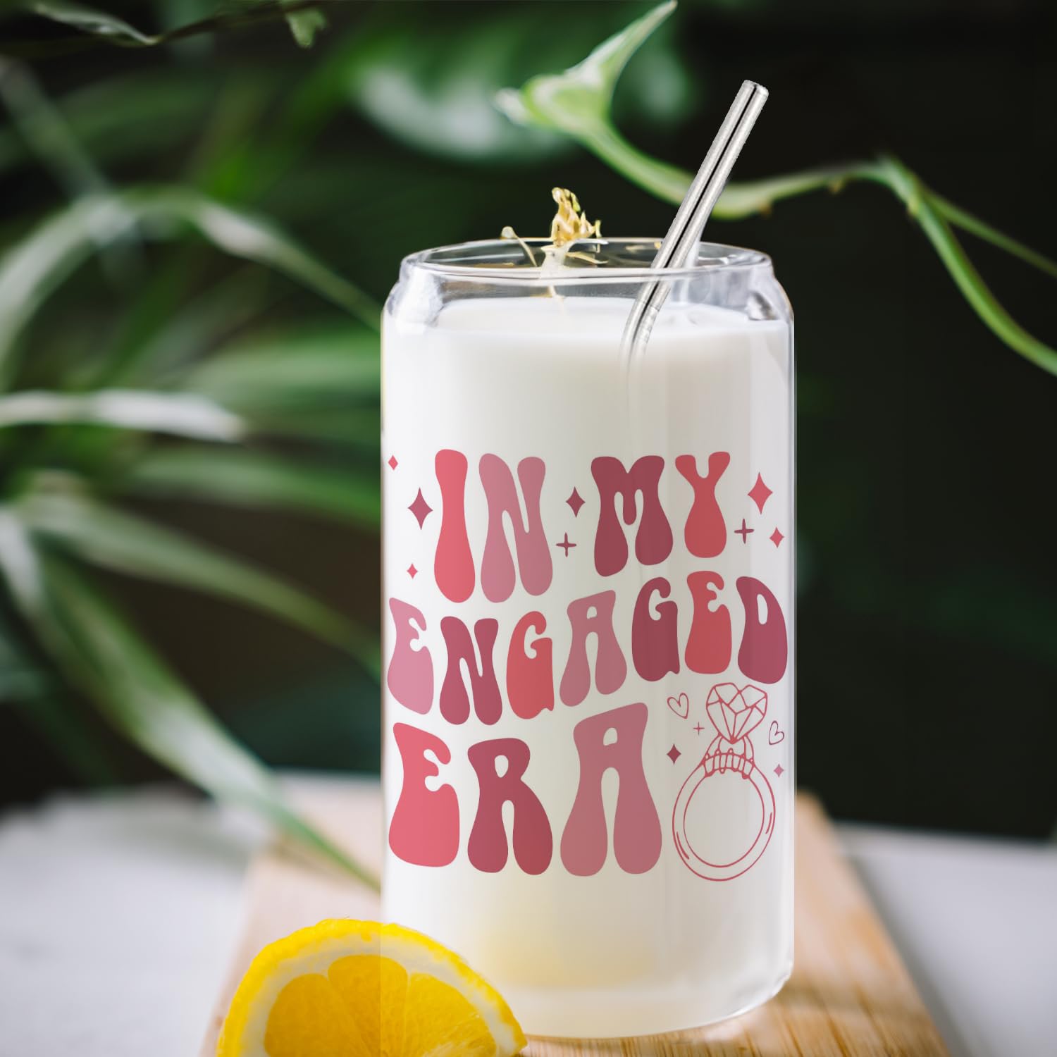 BEHIFL In My Engaged Era Glass Cup With Lids And Straws 14oz - Engagement Gifts For Couples,Bride To Be Gifts,Engagement Gifts For Her,Fiance Gifts For Women