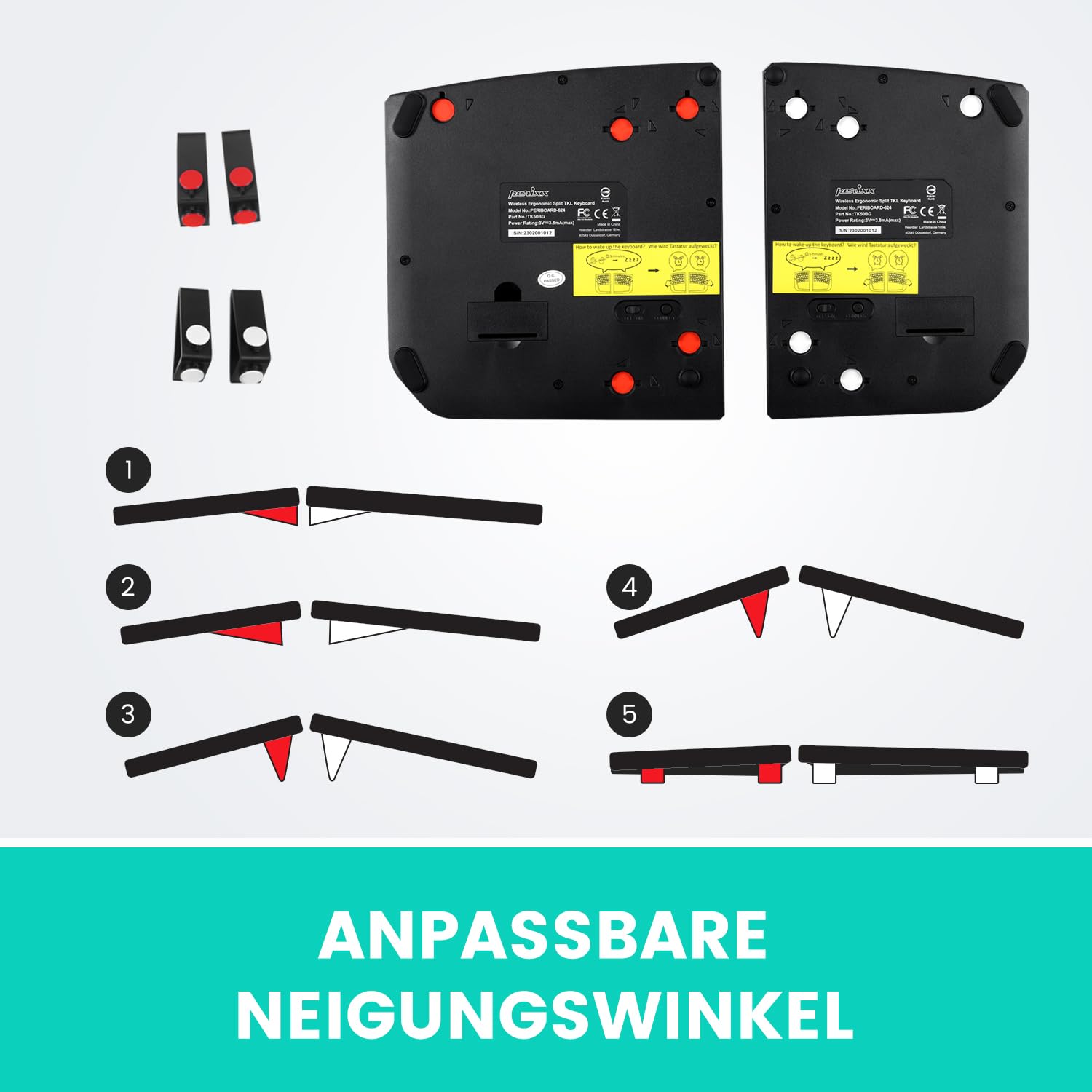 Perixx PERIBOARD-624B - bezprzewodowa ergonomiczna klawiatura, dzielona konstrukcja, TKL, regulowane nachylenie - QWERTZ