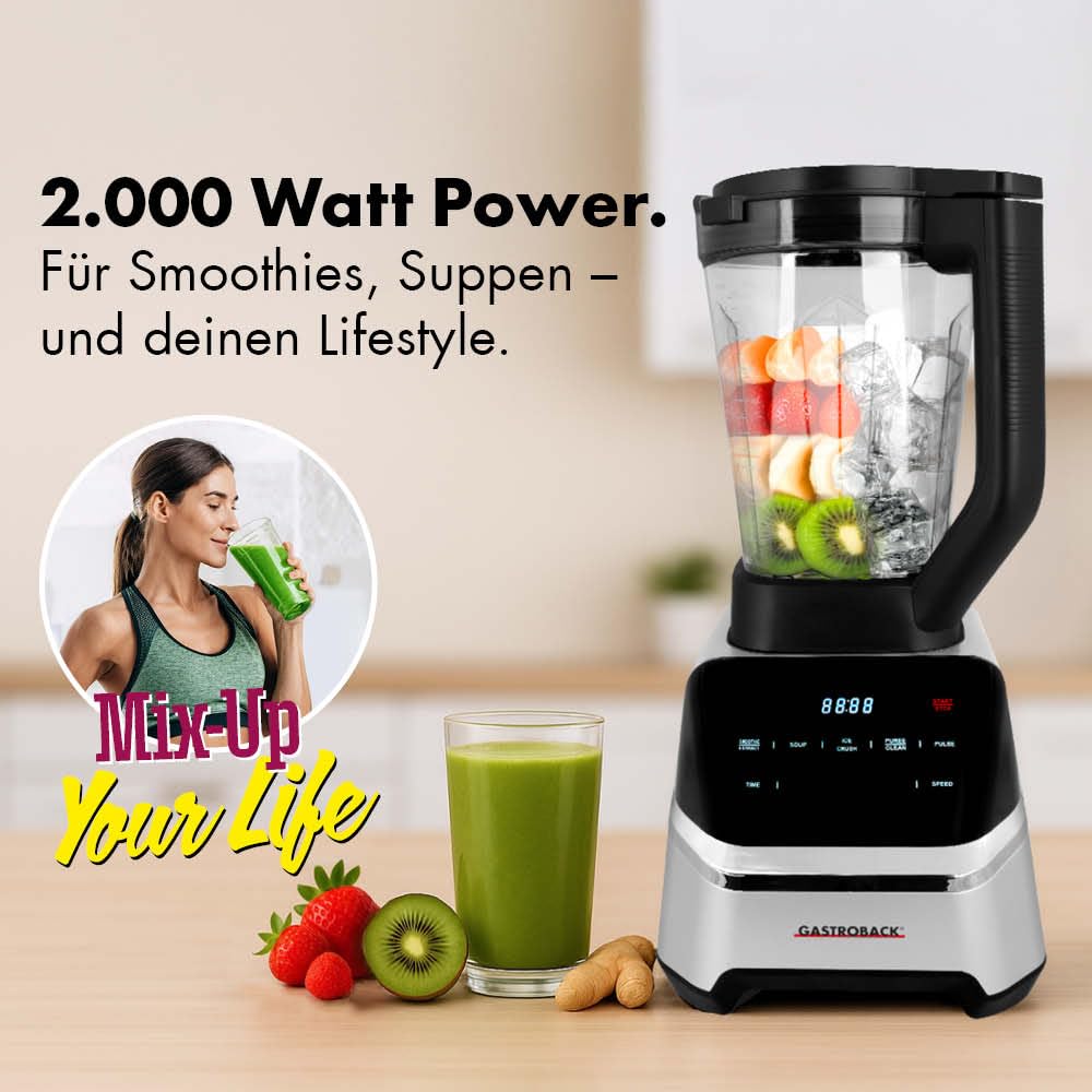 GASTROBACK Standmixer Hochleistungsmixer 2000 Watt - 2L Tritanbehälter, 40.000 UPM, 7 Programme (Suppenkocher, Smoothie, Eiswürfel) - Profi Mixer Smoothie Maker, Food Processor und Blender in einem