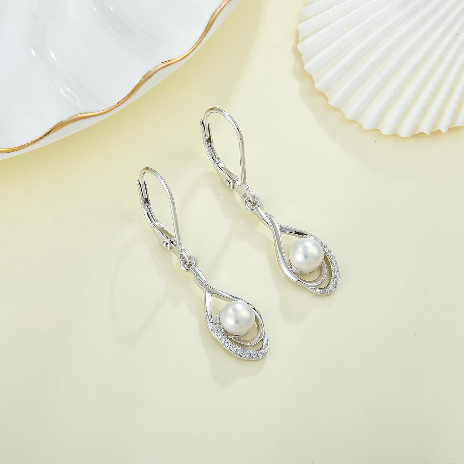 Women 925 Sterling Silver Freshwater Pearl Leverback Drop Dangle Earrings 5A Cubic Zirconia Jewelry for Her