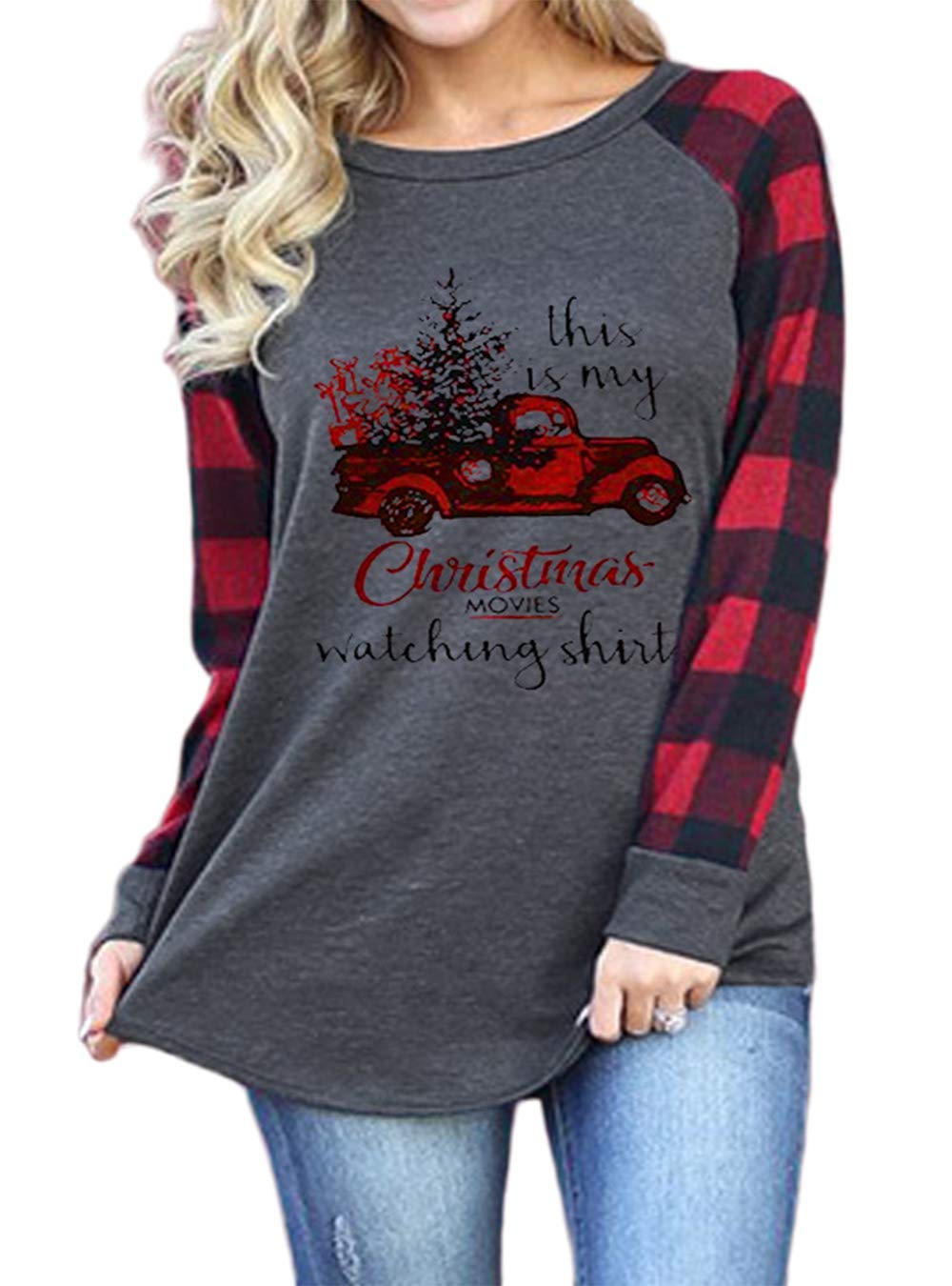 Women's Merry Christmas Shirts This is My Christmas Movie Watching Shirt Gnome Plaid Long Sleeve Raglan Baseball Tee Tops