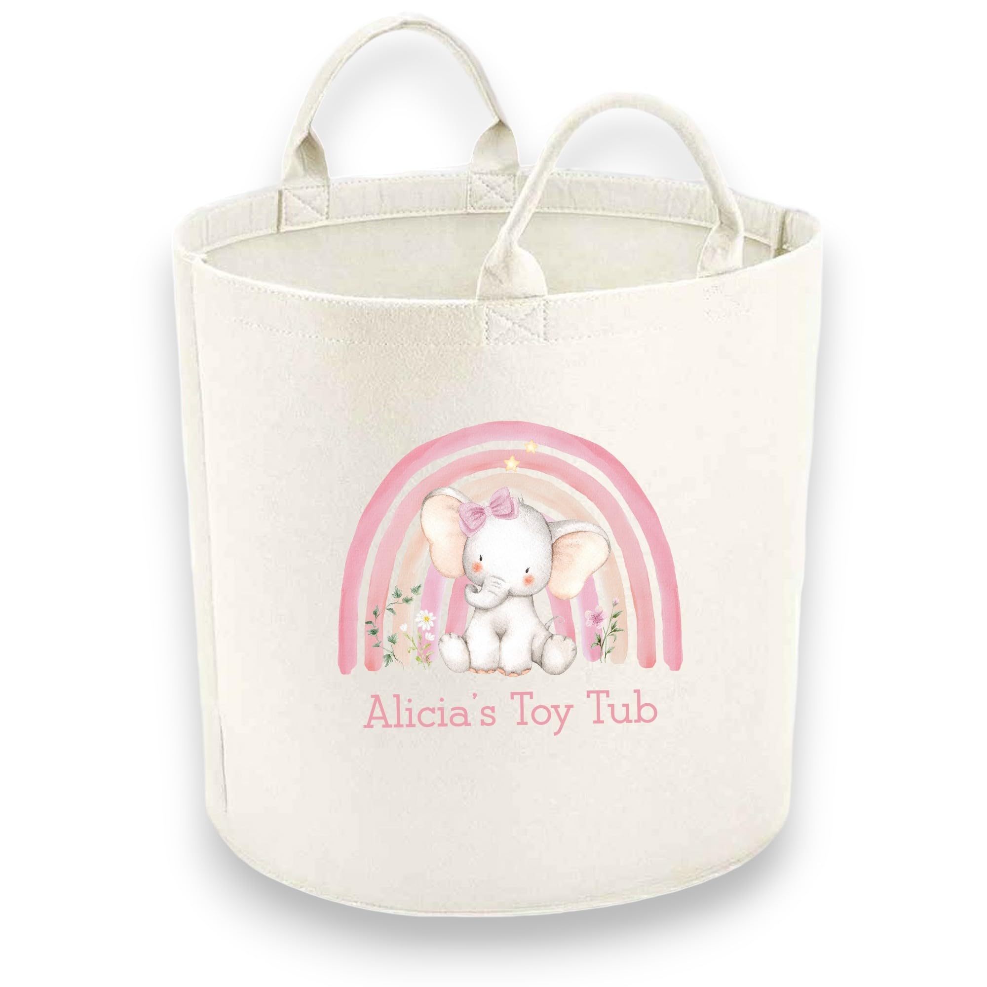 Personalised Child Felt Toy Tub with Pink Rainbow and Elephant Print (Various Sizes) (Medium: 40cm x 40cm) (Medium (40x40cm))