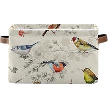 Retro Spring Summer Birds Canvas Fabric Storage Basket Collapsible Storage Bin with PU Leather Handles Basket Box Organizer for Wardrobe Closet Shelves Organiser