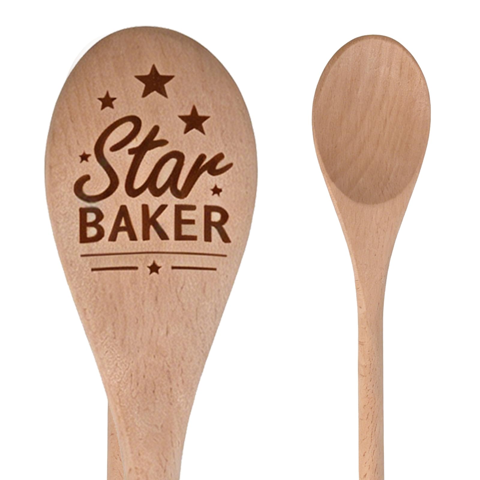 Kemay Star Baker Engraved Wooden Spoon Novelty Baking Gifts for Women and Men Solid Beech Wood Cooking Utensi
