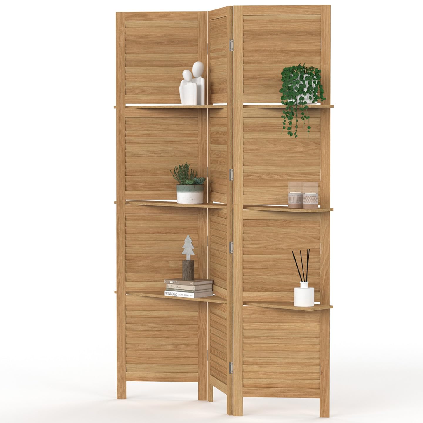 IDMarket - Biombo interior de 3 paneles con listones y 3 estantes de madera