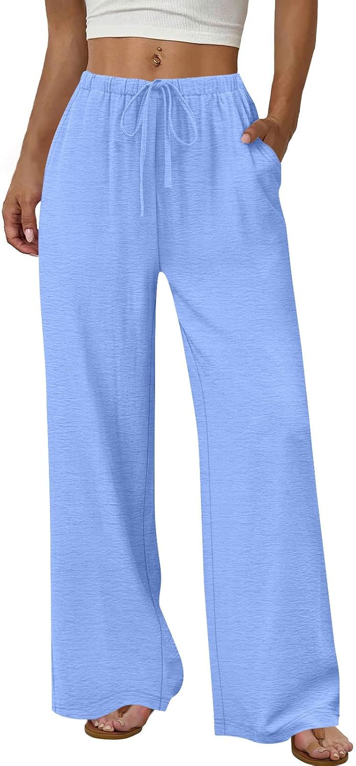 Womens Wide Leg Linen Pants Flowy Palazzo Drawstring Elastic Waist Summer Business Casual Beach Vacation Clothes