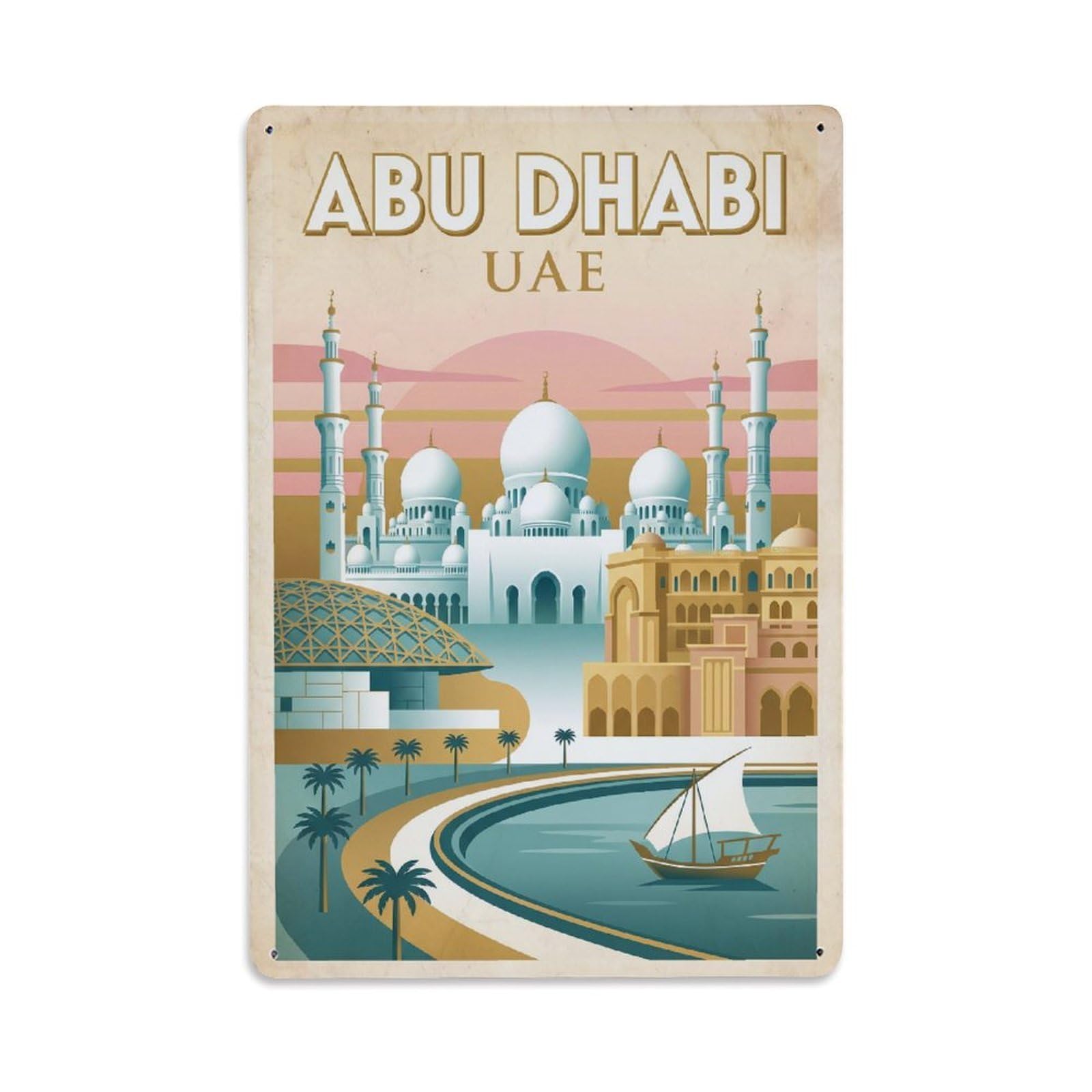 Travel Retro UAE Abu Dhabi Metal Tin Sign Plaque Wall Decor for Cafe, Club Bar, Office, Garden Metal Poster 8x12Inch
