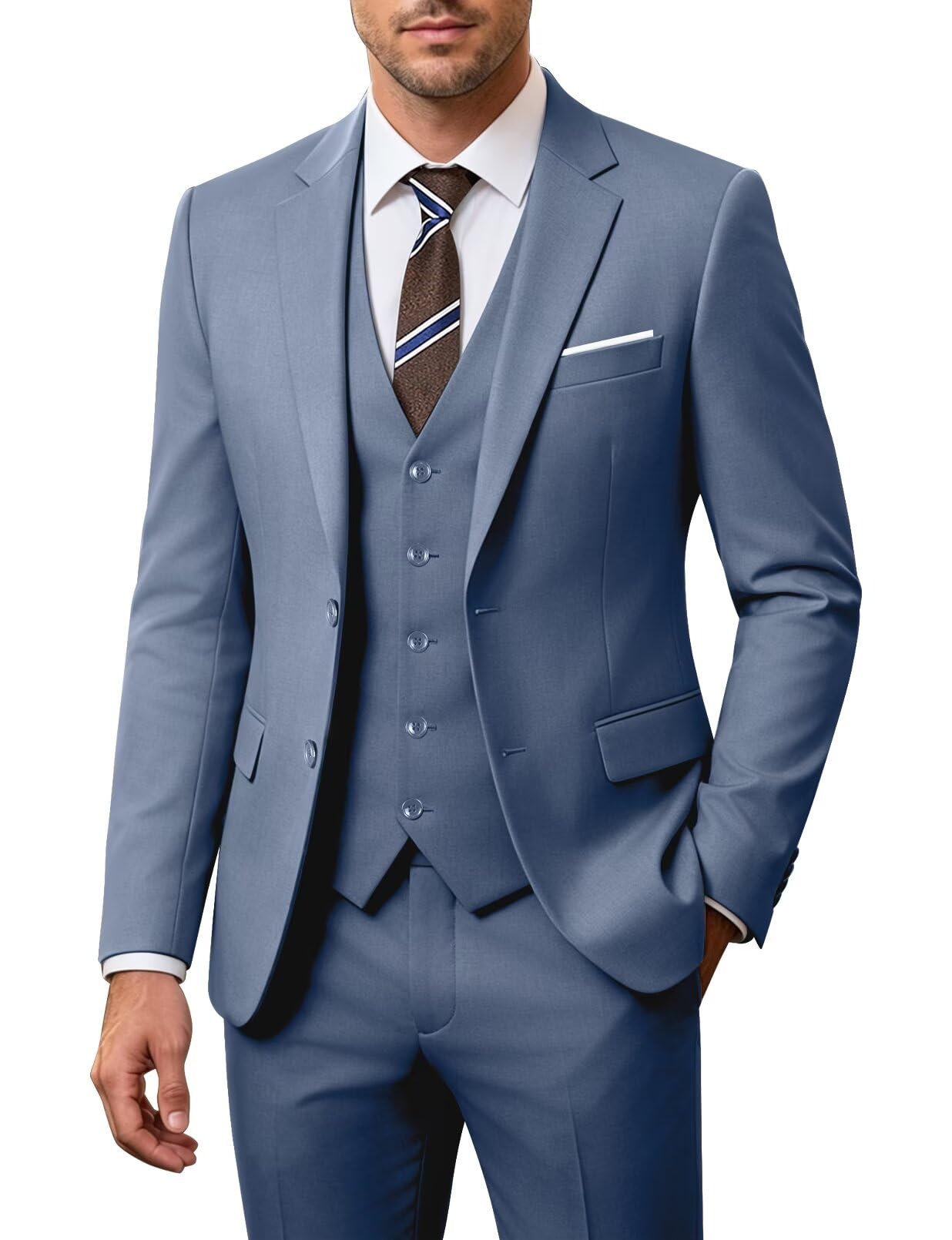 Men's Suits Slim Fit 3 Piece Business Wedding Suits Denim Blue Tuxedos Groomsmen Prom Blazer Jacket Vest Pants Men Suit Set L-image-17
