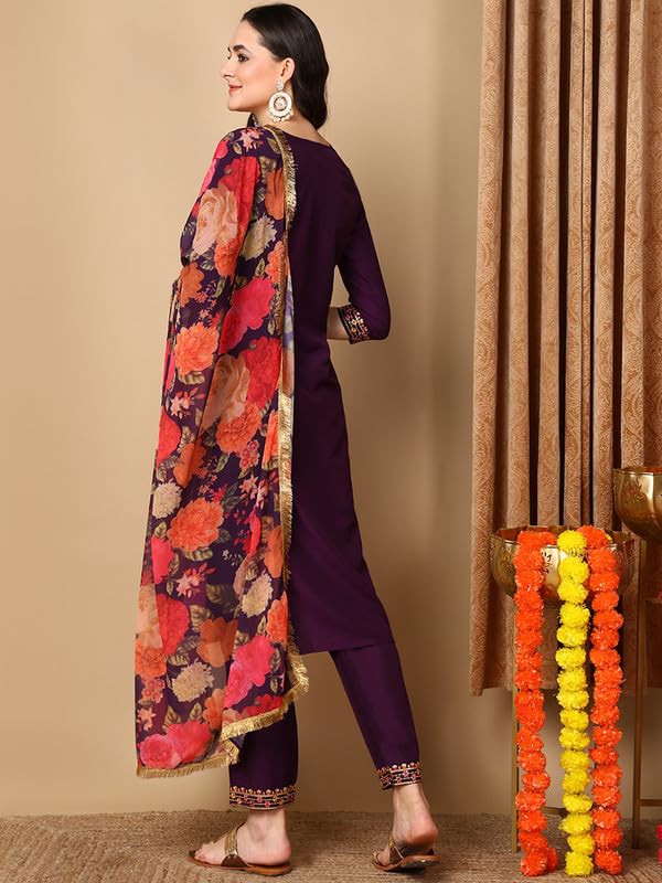 Image of Vaamsi Women's Silk Blend Solid Embroidered Straight Kurta Pant With Dupatta