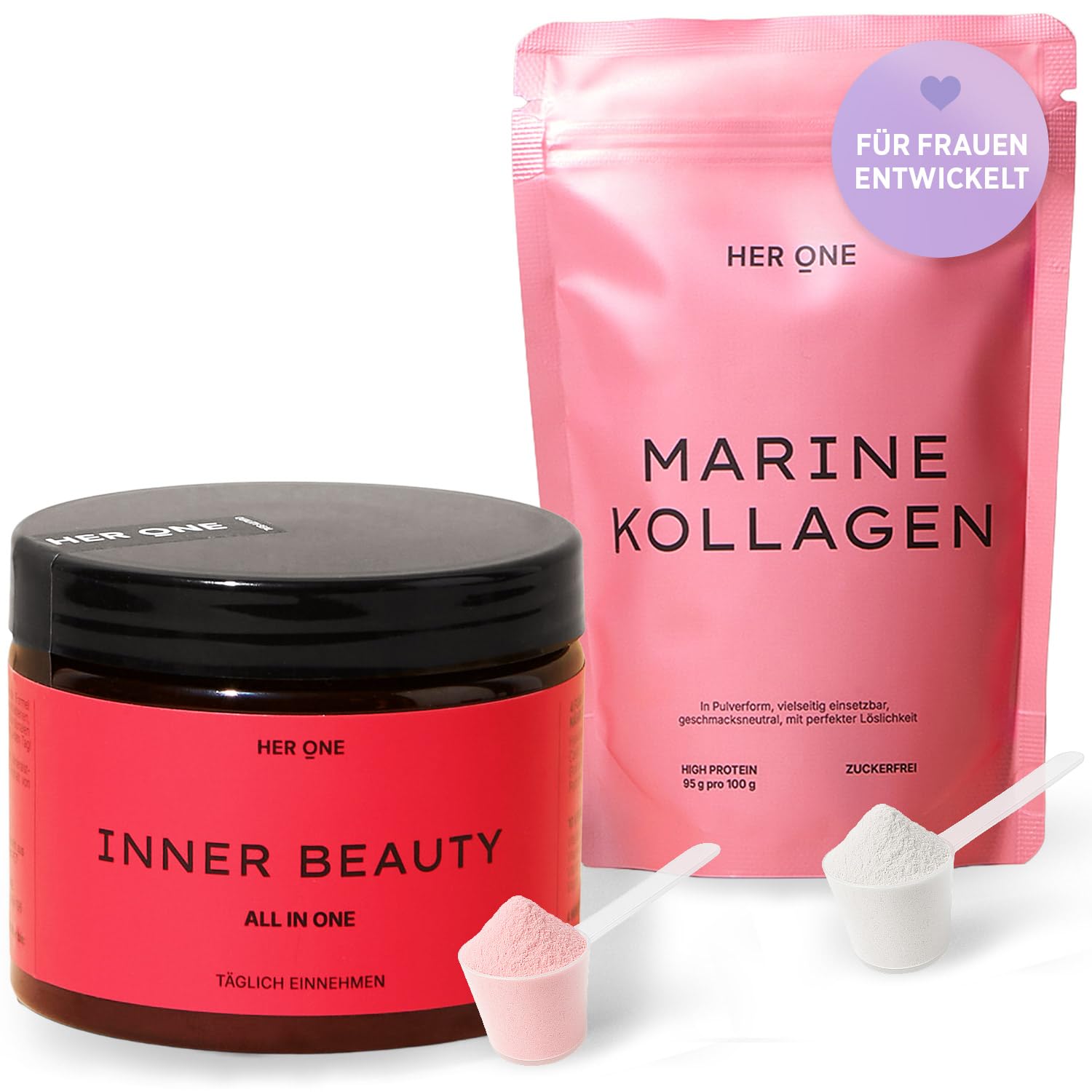 HER ONE GLOW UP Duo | 30x7 g Vitamin Komplex hochdosiert als Multivitamin Pulver für Frauen + 30x5 g Marine Kollagen Pulver aus Fisch | Collagen Peptides Typ I & III | 100% Naticol® | Beauty Drink