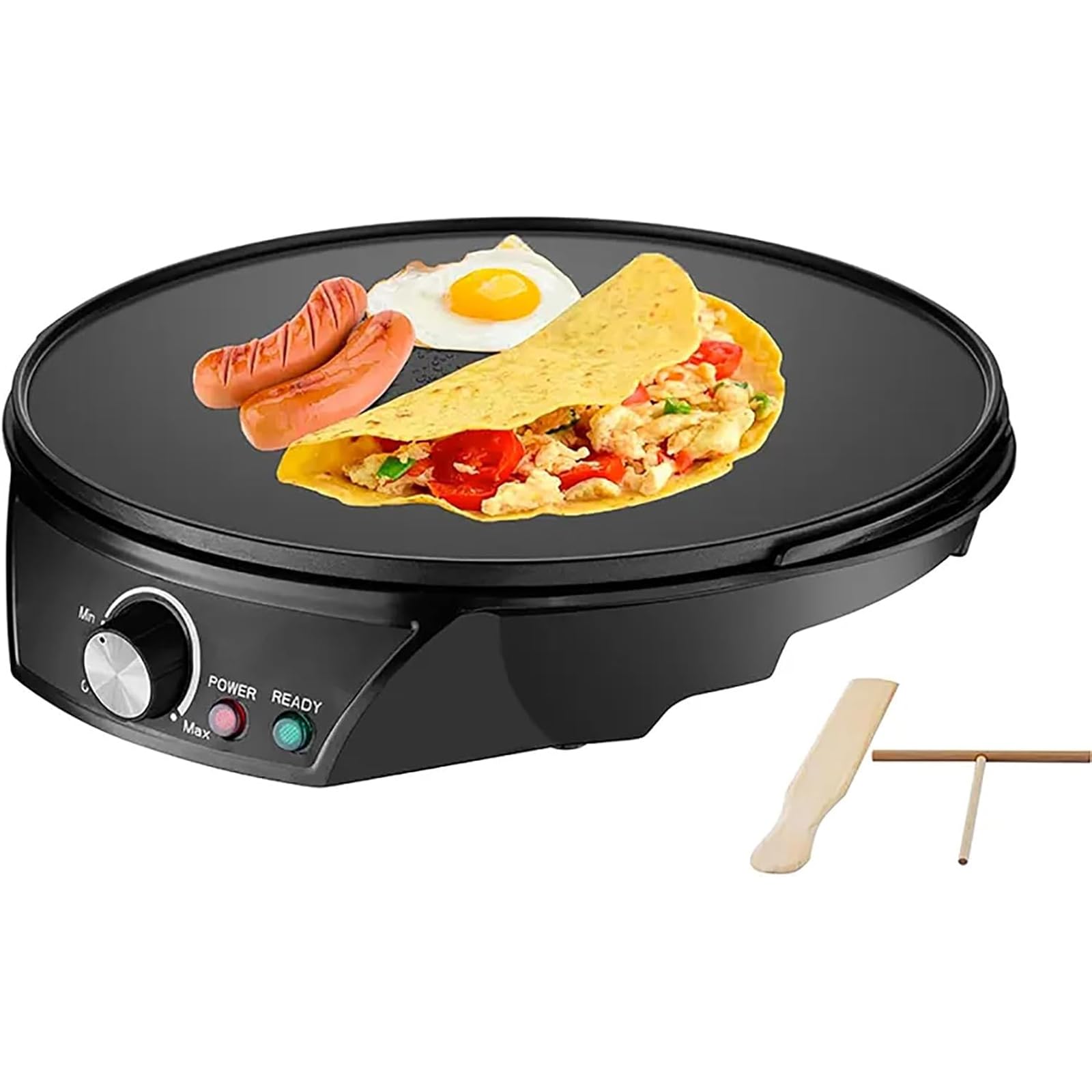 Crepiera Elettrica Commerciale da 1200 W – Crepiera Antiaderente con Temperatura Regolabile, Pala in Legno e Asta a T, Risparmia Tempo for Blintzes, Uova, Colazione