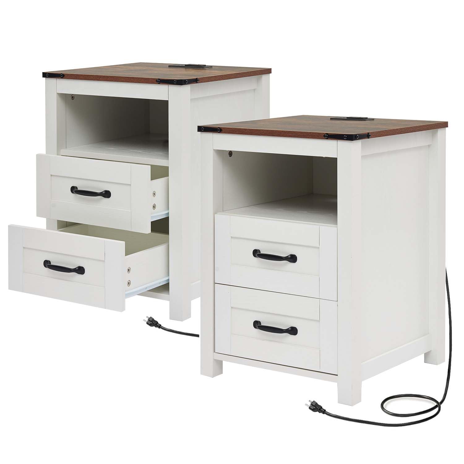 Stabrech Farmhouse Night Stand Set of 2, Rustic White Nightstand for Bedroom, End Tables with Charging Station, Bedside Table with Drawers, Wood