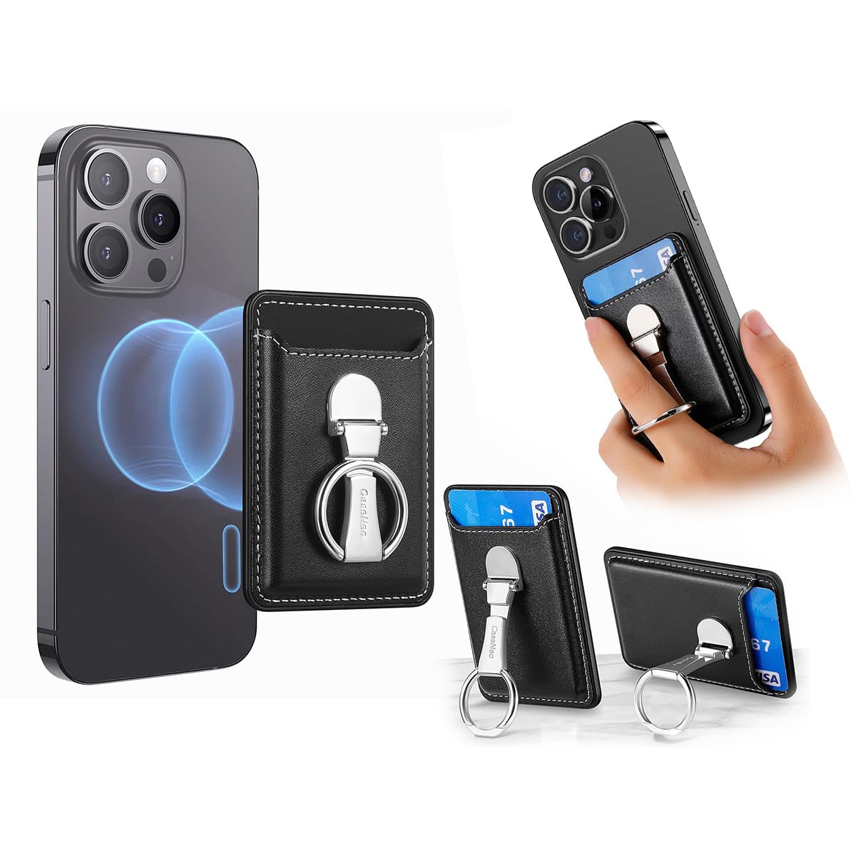 zorbes® phone card ring holder strong magnet 2 in 1 phone ring holder card holder pu card organizer for phone 360 ° rotatable metal magnet ring holder for iphone 15/14/13/12 series