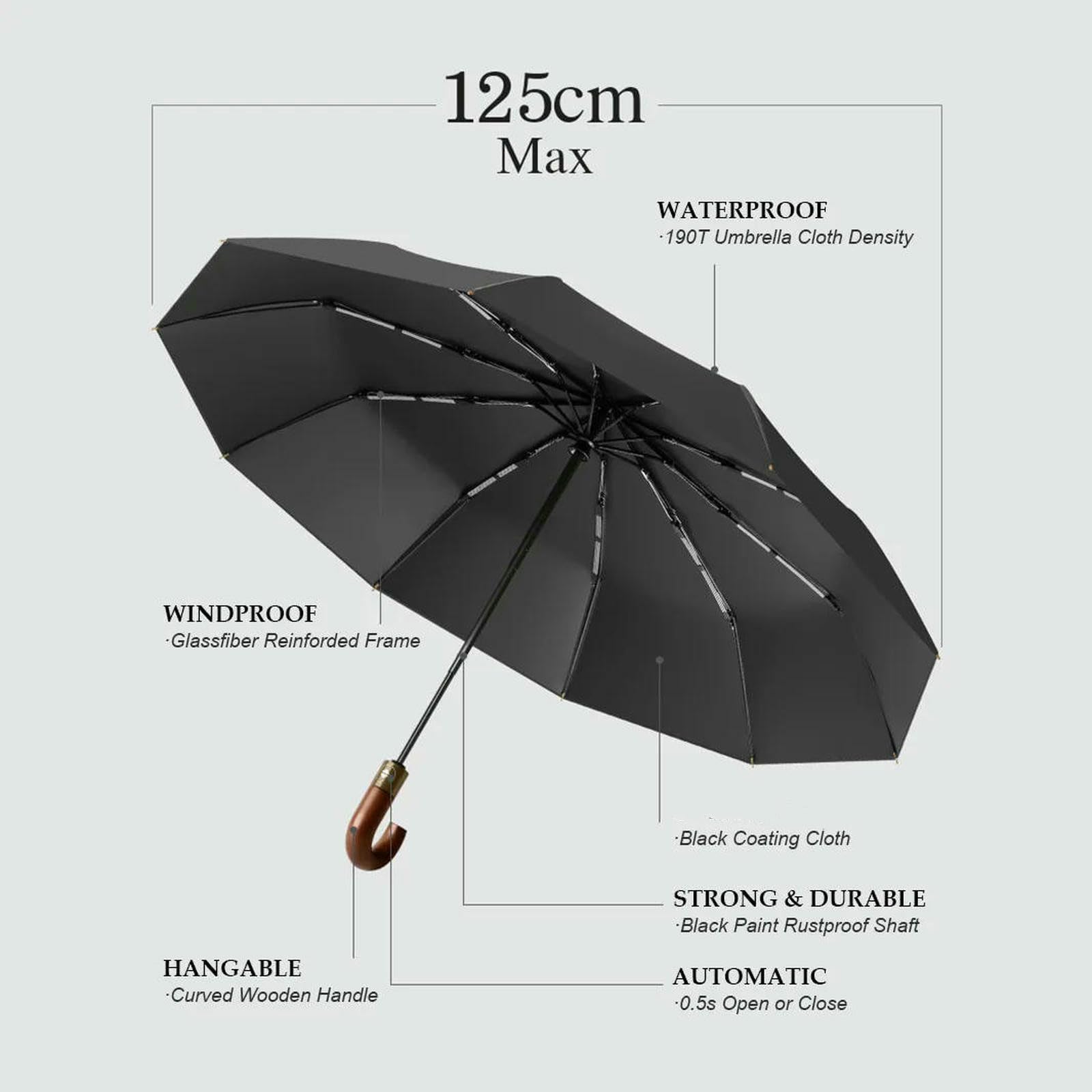 Ombrello Pieghevole Automatico Antivento A 30 Stecche per Uomo - da Golf Rinforzato E Resistente con Manico in Legno Curvo-125 Cm Nero