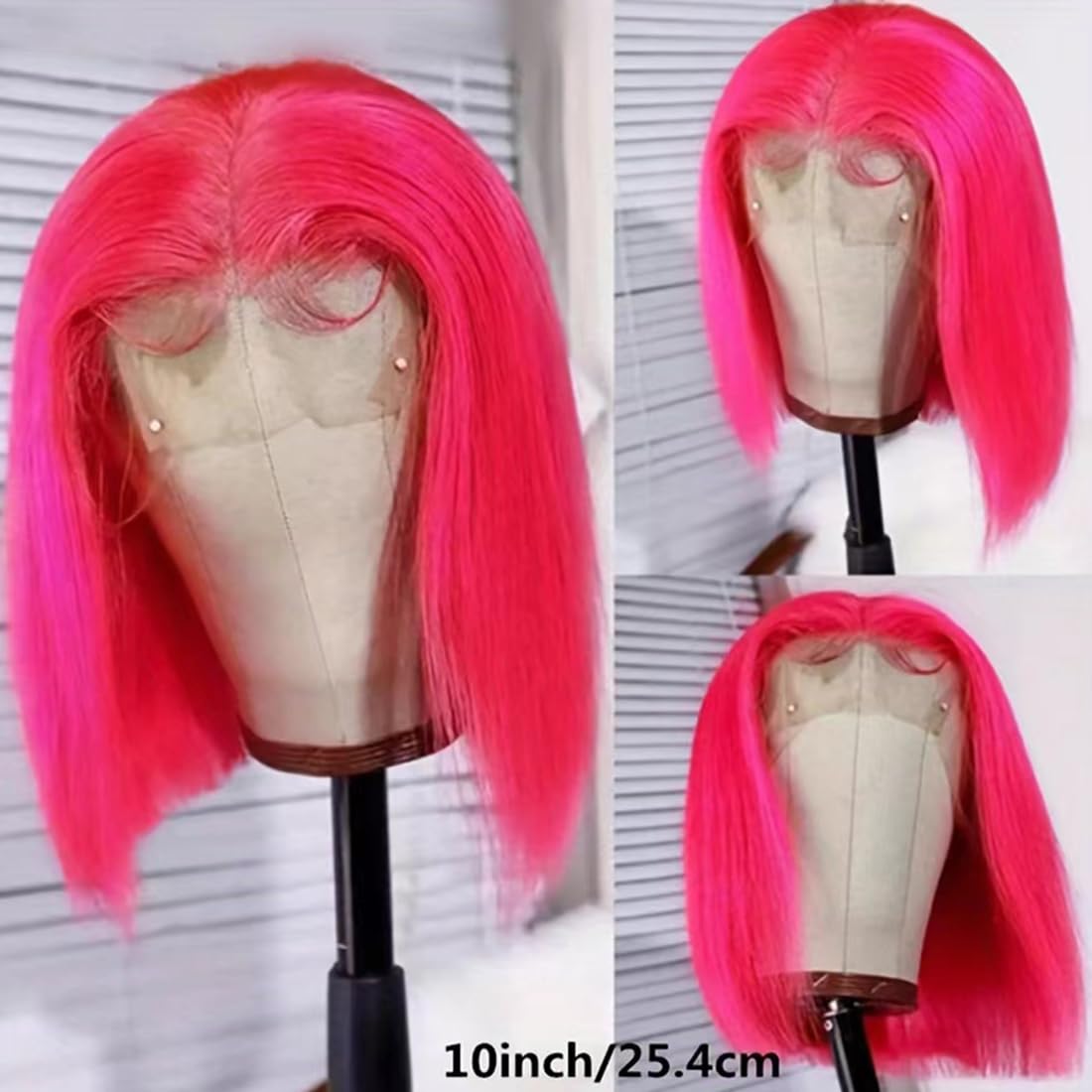 Pink 13x4 HD Lace Front Bob Wigs 12Inch Brazilian Virgin Human Hair Hot Pink with Boby Hair Wig Pre Plucked Natural Hairline Transparent Lace Pink Front Bob for Women (12Inch)