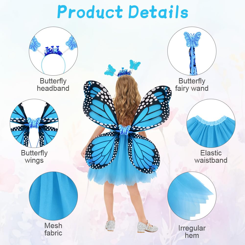 AYBUY Kids Butterfly Wings Costume, Include Fairy Wings Tutu Magic Wand & Headband, Costume Butterfly Dress Up for Girls Fancy Dress Christmas Halloween Party Cosplay,Blue - Image 3