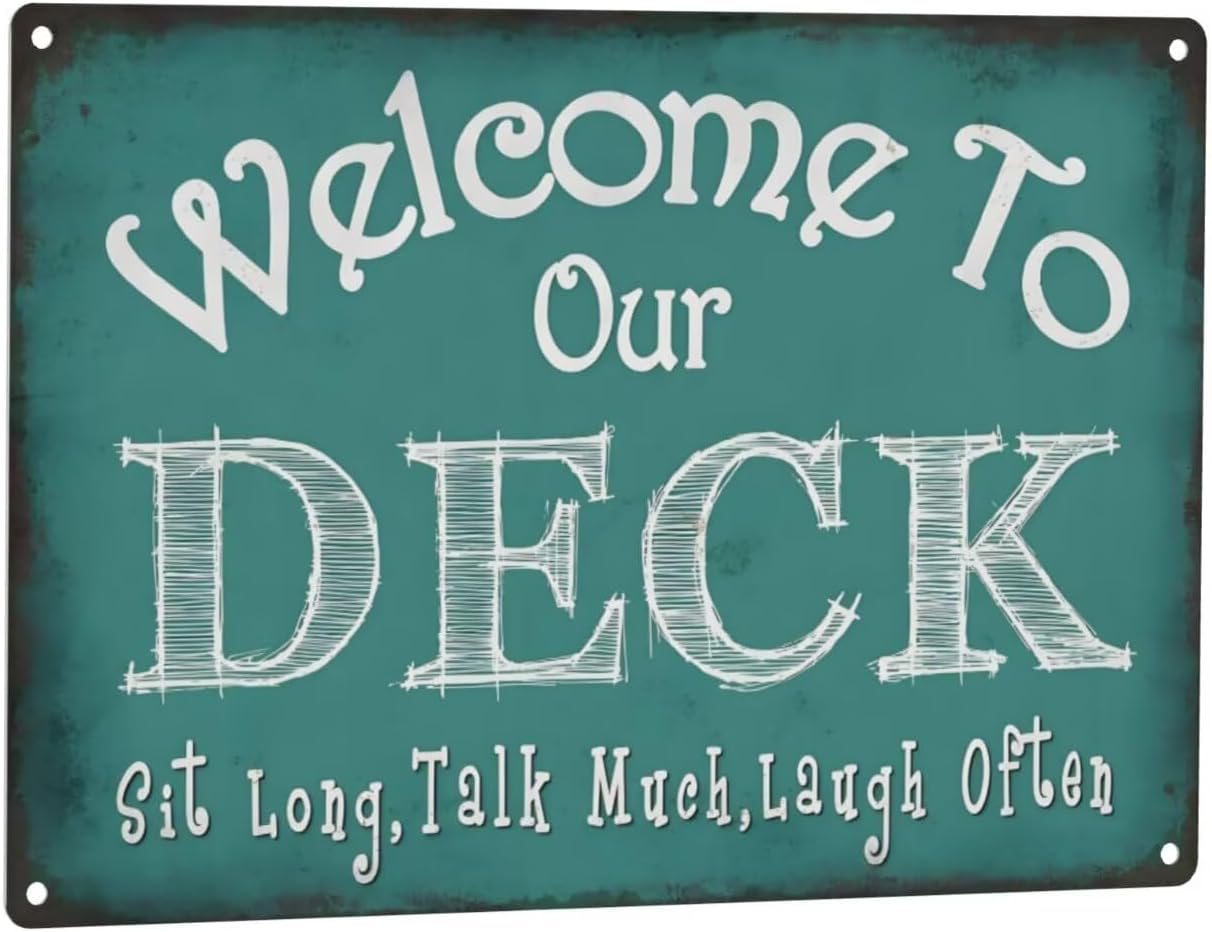 Welcome to Our Deck Sign Backyard Accessories Decor Outdoor, ALREAR Vintage Metal Tin Signs Farmhouse Home Wall Decorations 8x12 Inches